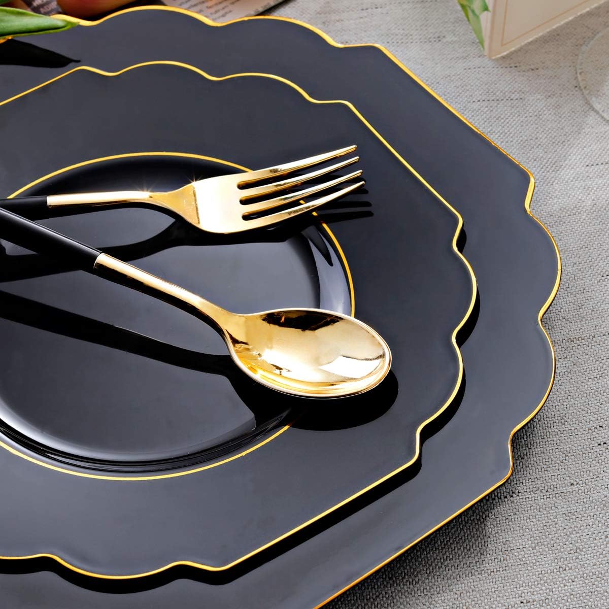 Supernal Baroque Black and Gold Plastic Plates (60 Packs) - Heavy-Duty Dinner & Salad Plates Set | Elegant China-Like Finish for Wedding, Graduation & Noir Theme Party
