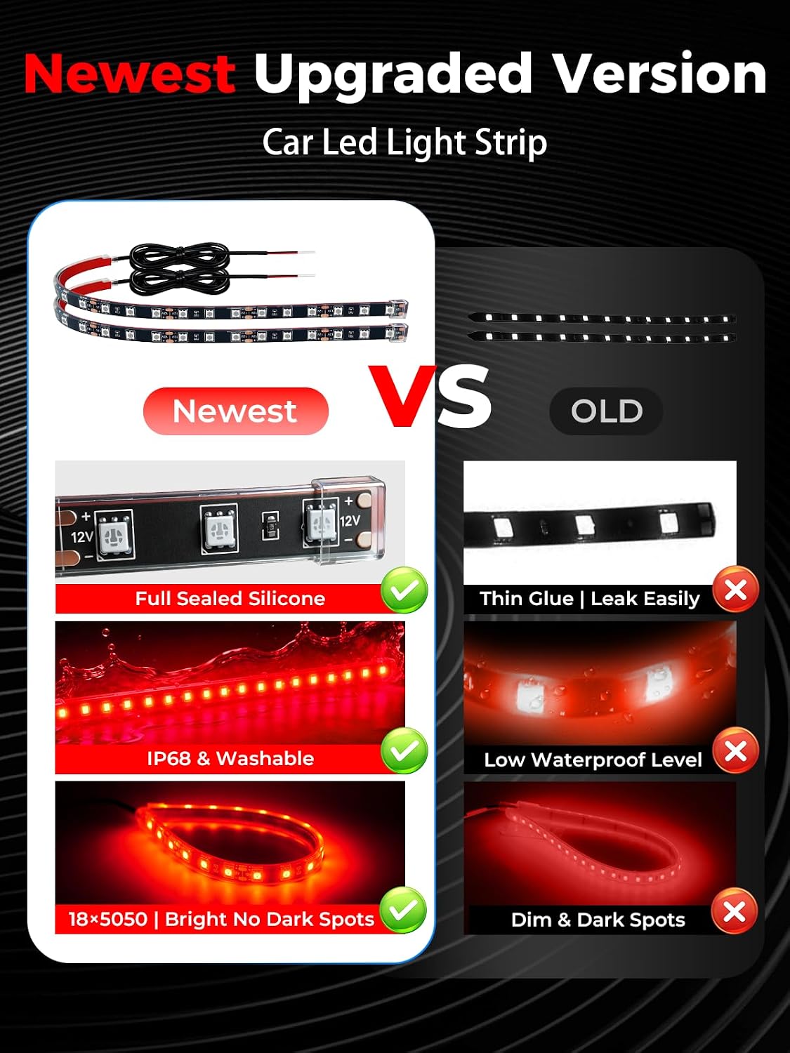 Car LED Strip Lights IP68 Waterproof Cuttable 12inch Red 4 Pcs
