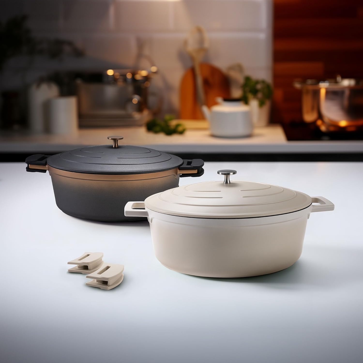 STONELINE Induction Roasting Dish 32 cm, 6.6 L, Roasting Dish with Lid, Cast Aluminium Coated Pot with Real Stone Particles, Stewing Pot with Lid, Oven-Safe, All Types of Cookers, Colour: Cream