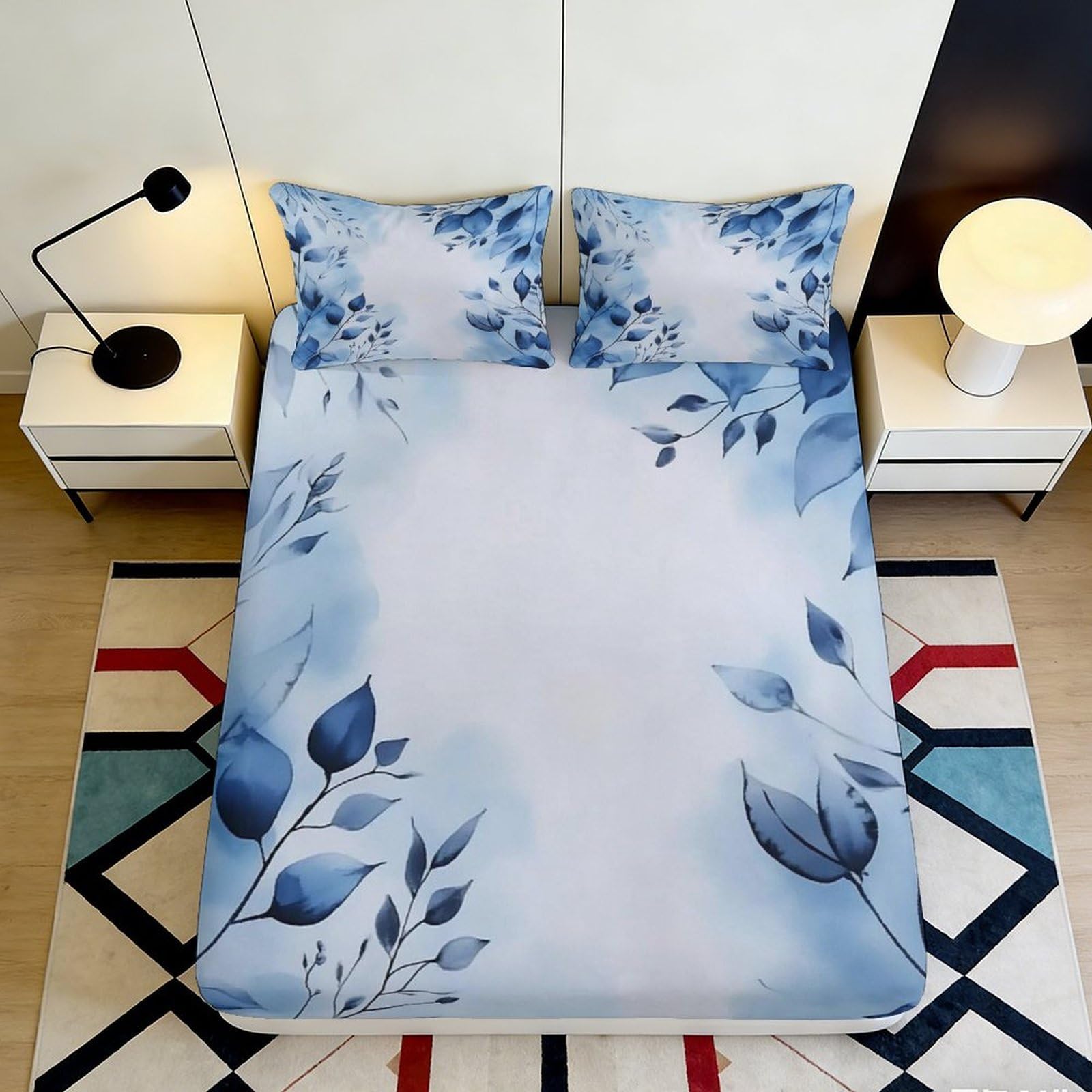 3D Printed Blue Watercolor Leaf Fitted Sheet Microfiber Soft Bed Cover for Bedroom Dorm Mattress Cover Decor 90x200x25cm