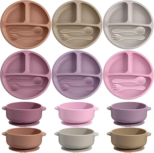 Juego de 24 piezas de silicona para bebés, 6 ventosas para bebés, 6 platos de succión divididos con 6 tenedores, 6 cucharas, juego de utensilios