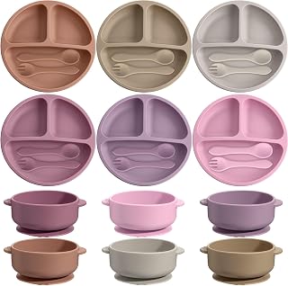 Dandat 24 Pcs Silicone Baby Feeding Set, 6 Baby Toddler Suction Bowls 6 Divided Suction Plates with 6 Forks 6 Spoons, Baby Utensils Set for Weaning Infant Feeding and Eating, 6 Styles (Light Color)