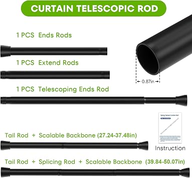 Tension Rods for Windows 28 to 48 Inch Black Curtain Rods No Drilling Tension Rod Curtain Rod Adjustable Tension Curtain Rods Expandable Pressure Spring Tension rods for Closet, Doorway