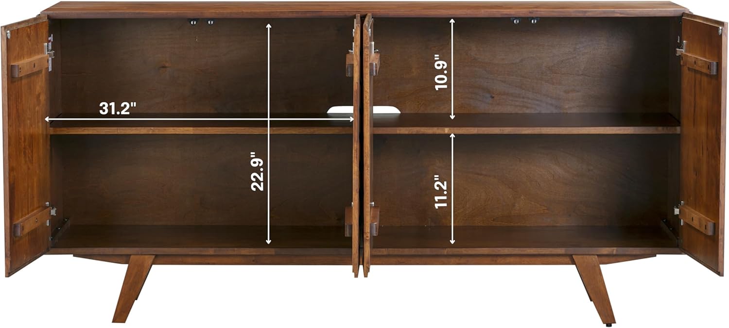 NTC Sapa Mid-Century Modern Solid Wood Sideboard – 4-Door Accent Buffet Cabinet with Carved Geometric Fronts, for Living Room, or Entryway, Effortless Assembly, Dark Walnut