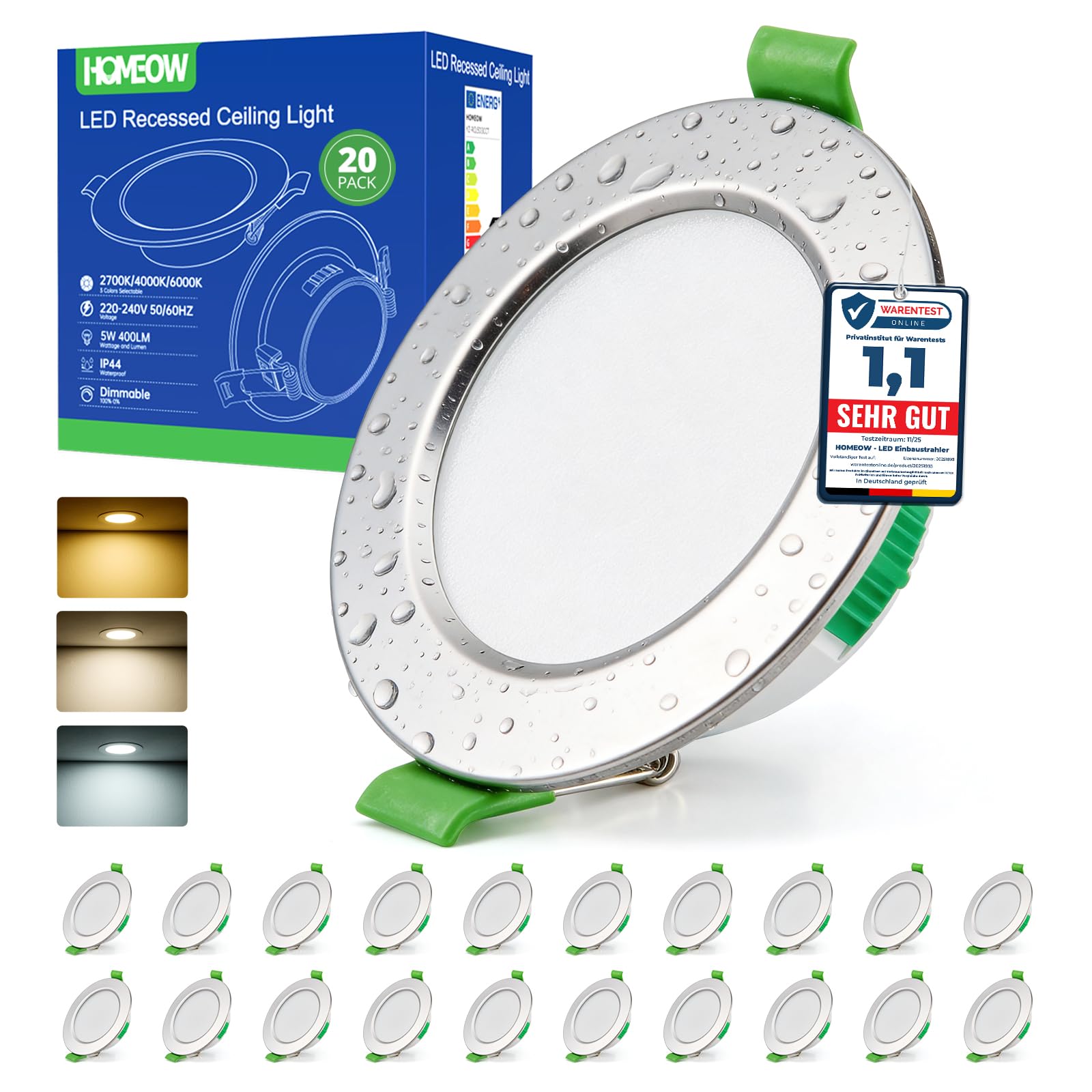 HOMEOW 20er Set LED Einbaustrahler 230V Nickel, Spots 68mm - 80mm Lochmaß Deckenspots Deckenleuchte Warmweiß Neutralweiß Kaltweiß, 24mm Ultra Flach IP44 Einbauleuchten für Bad Küche