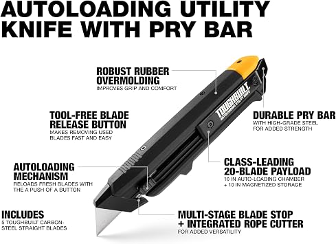 ToughBuilt Autoloading Utility Knife, Heavy-Duty Retractable Knife with Built-In Blade Magazine, Quick-Change Mechanism, and All-Metal Construction (TB-H4-10-A)