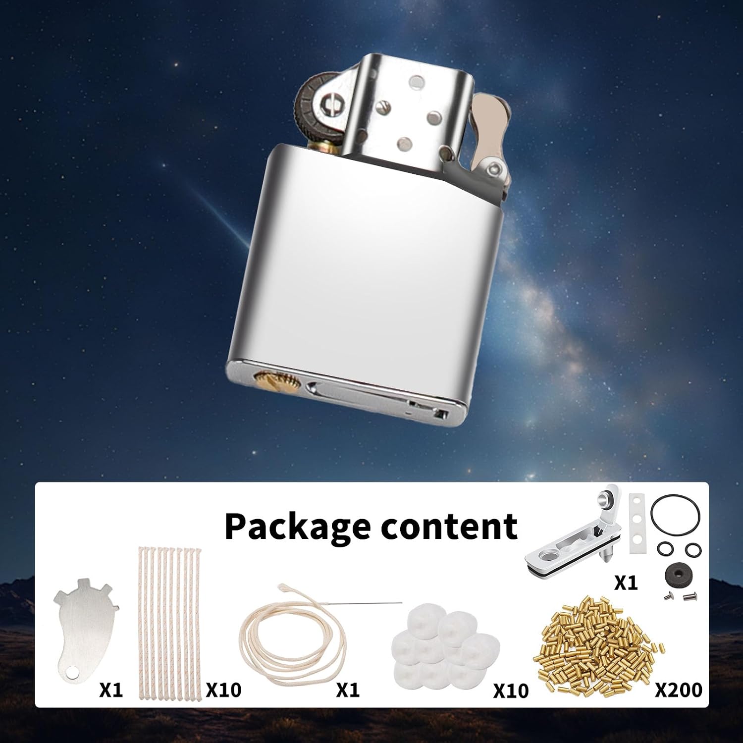 Lighter Repair Kit – Flint & Wick Set for Fluid and Insert Lighters (200Pcs High-Hardness Flint, Upgraded Stainless Steel Gasket, Cotton Wick with Needle, Cotton Wick with Copper Wire, Storage Box)