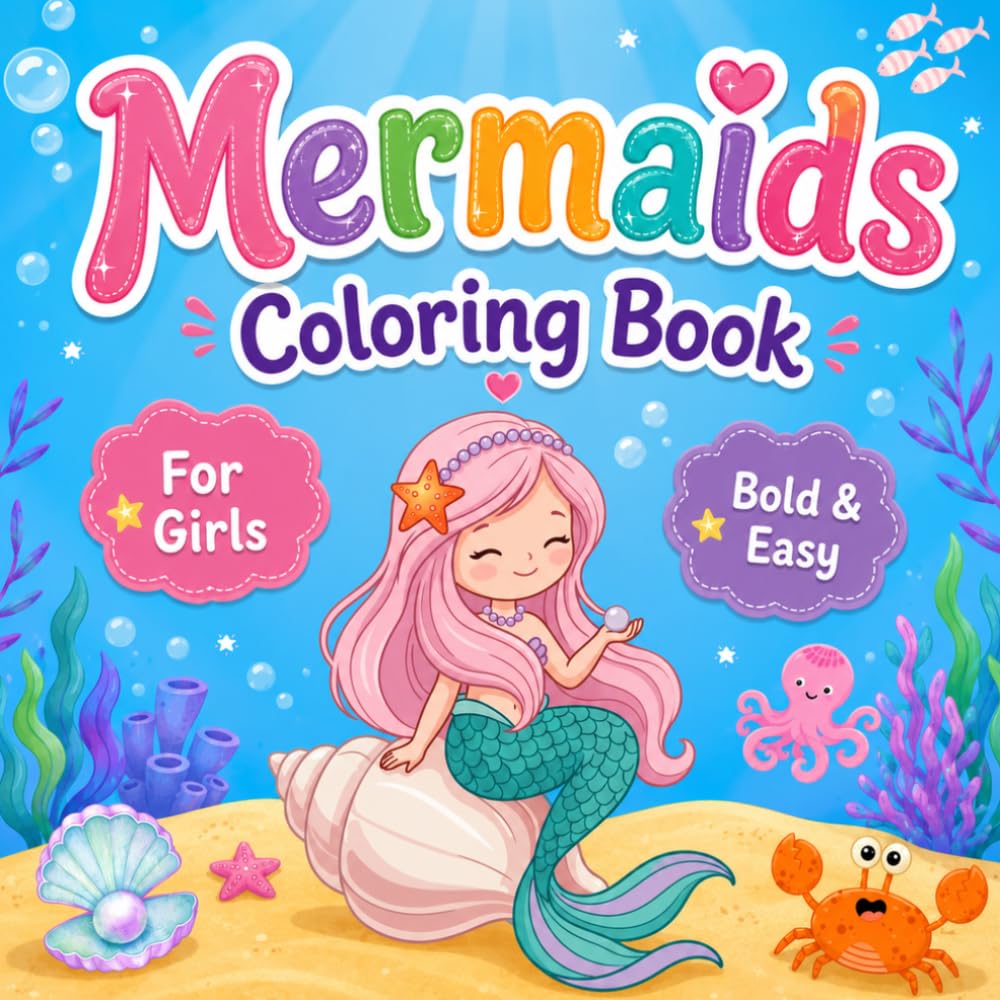 Mermaids Coloring Book for Girls Ages 3-8: Bold & Easy Coloring Pages with Cute Ocean Friends for Kids Ages 3-8