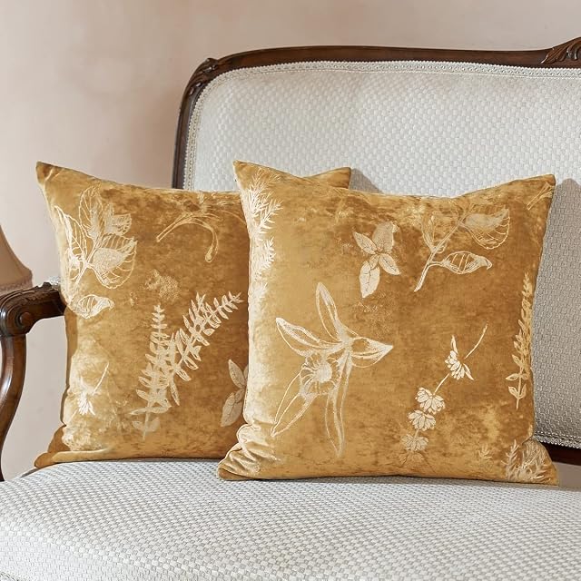 Amélie Home Foil Print Velvet Pillowcases Decorative Pillow Covers Ice Bloom Velvet Throw Pillows for Couch Sofa Bedroom Vintage Champagne Gold,2pcs 18 x 18, 45cm x45cm