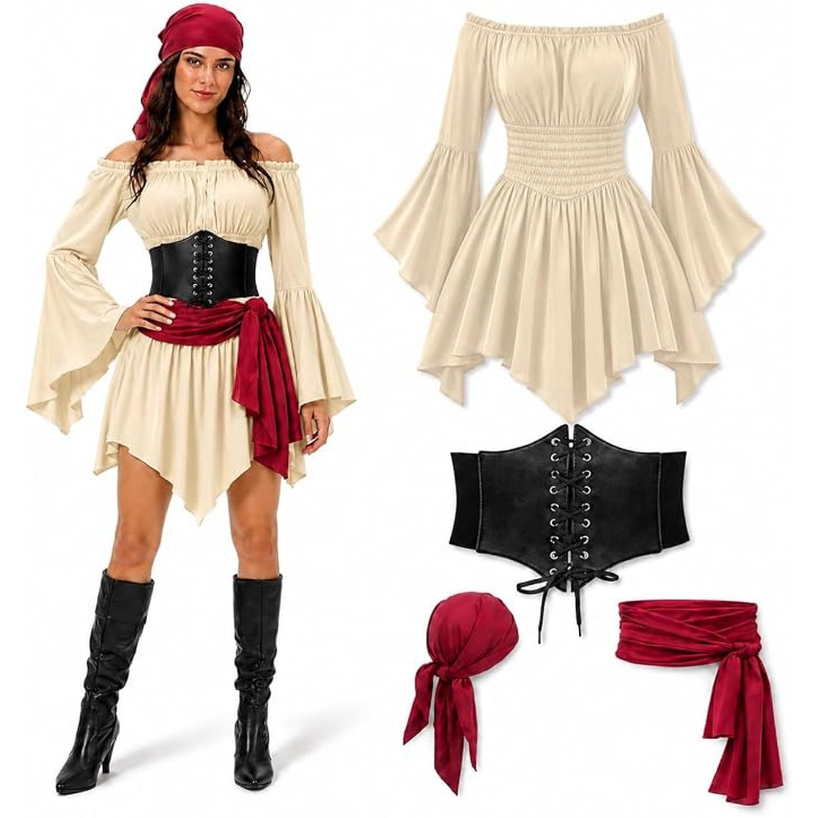 Pirate Costume Women Fancy Dress For Adults Halloween Costumes 4 PCS Womens Pirate Costume Adult Ladies Caribbean-Costumes For Cosplay Party Plus Size Medieval Dress Outfits Clothing