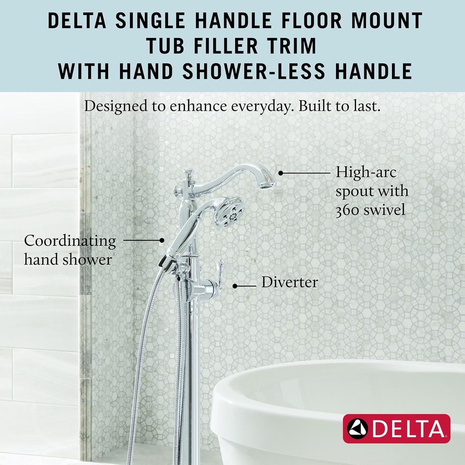 Delta Freestanding Tub Faucet with Hand Held Shower, Chrome Floor Mount Tub Filler, Chrome T4797-FL-LHP (Valve and Handle Not Included) - Image 3