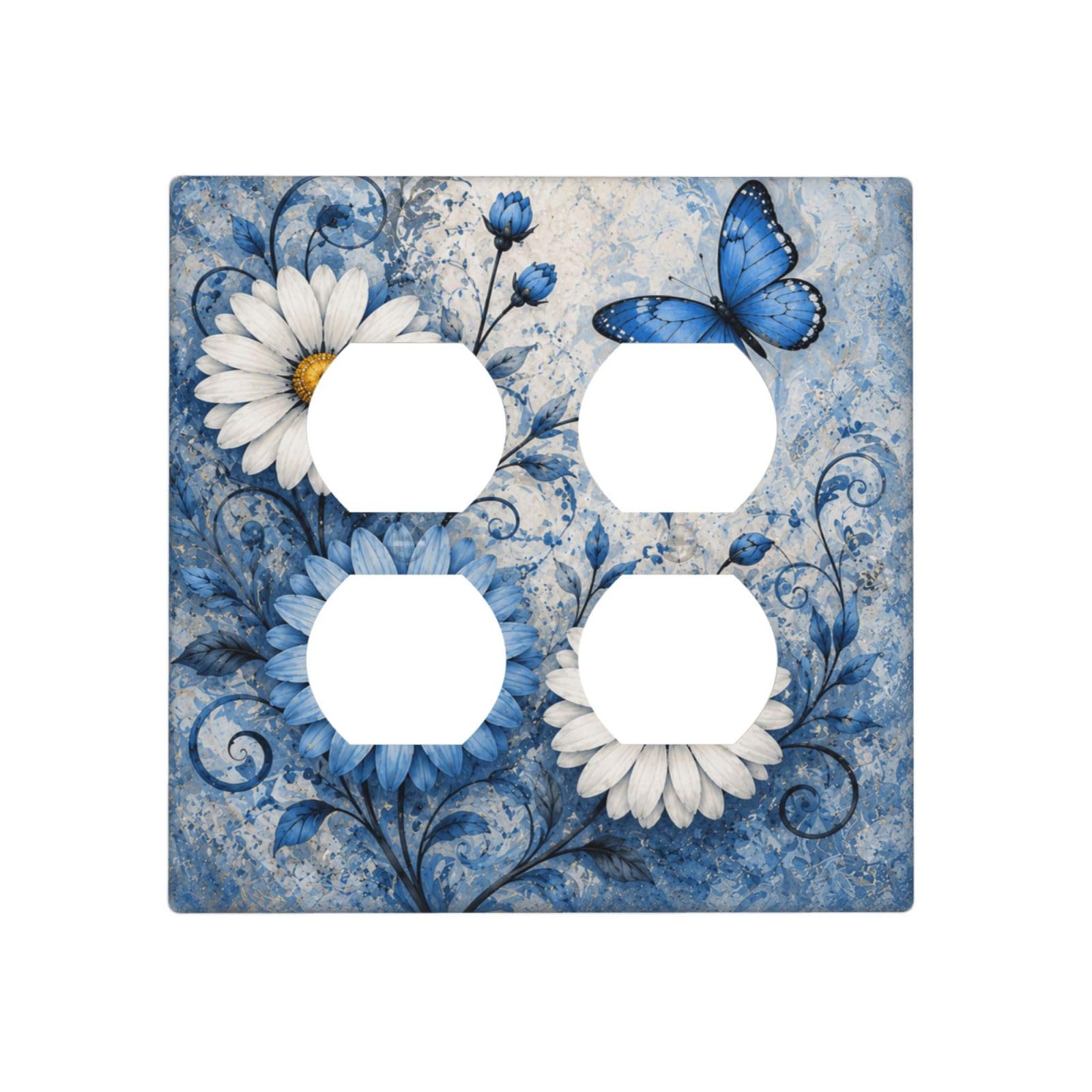 Xuejiaku White Blue Floral With Butterfly Decorative Outlet Covers White Blue Daisy Floral & Butterfly 2-Gang Duplex Light Switch Covers Gfci Wall Plate Vintage Watercolor Flower Receptacle Switchplate For Bedroom Home Decor