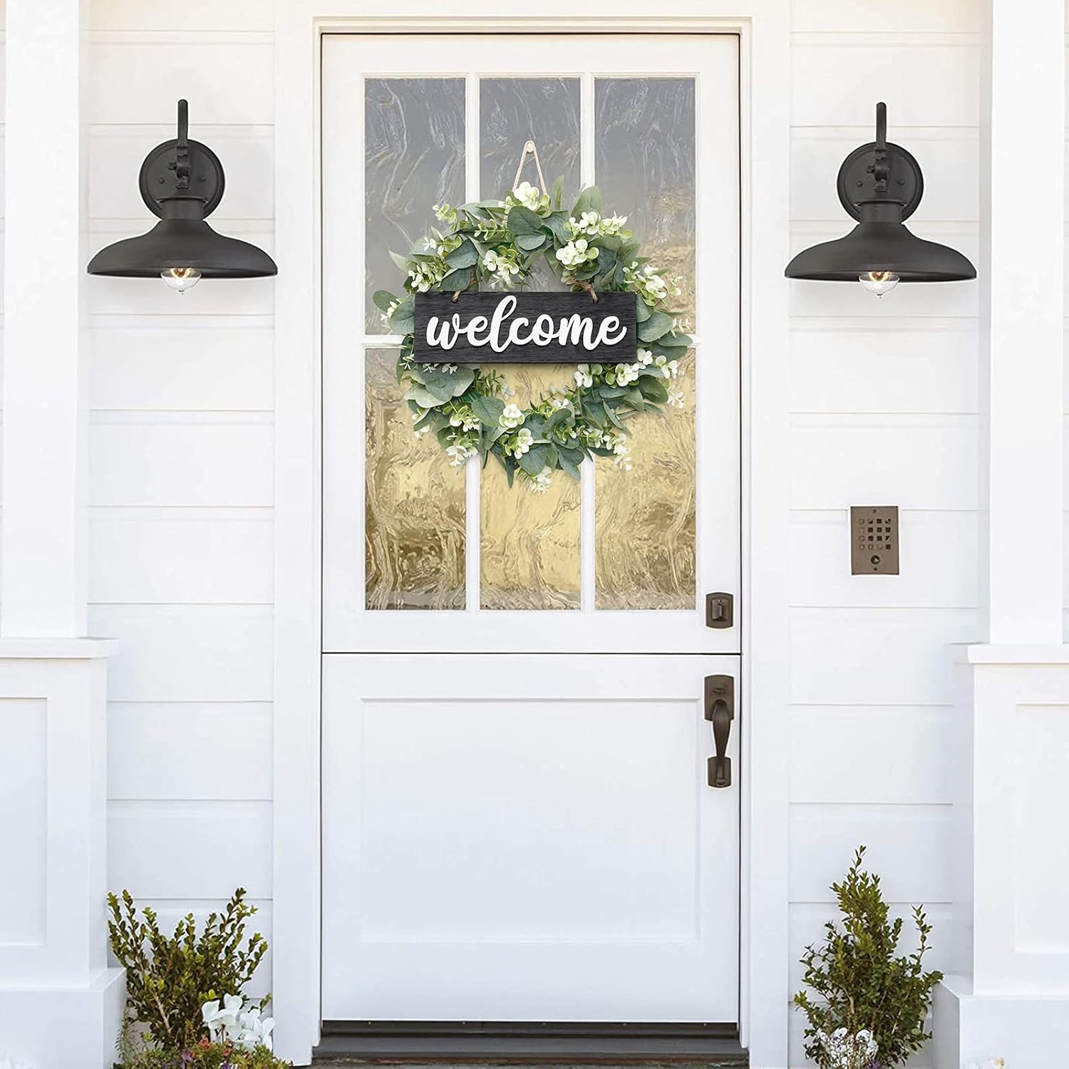 Dremisland 16 Inch Eucalyptus Leaves Wreath,Artificial Green Leaves Wreath with Welcome Sign Board for Front Door Window Farmhouse Garden Festival Celebration Home Decoration (Black)