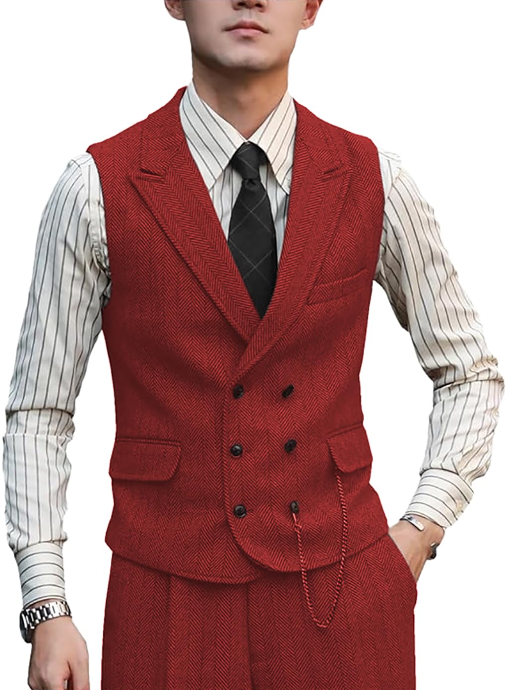 Zeattall Men Vests Wool Herringbone Tweed Suit Vest Double Breasted Waistcoat, Red, X-Large