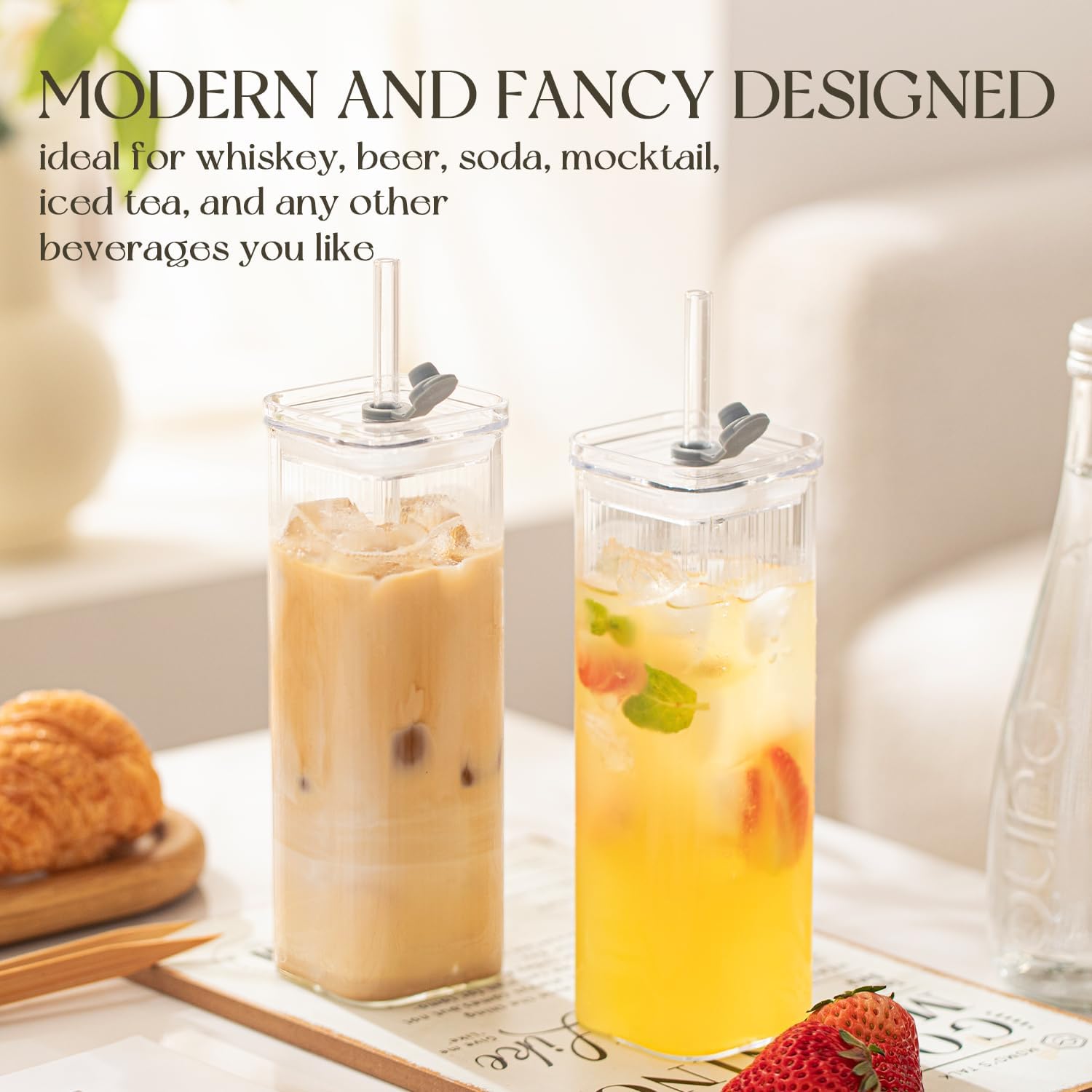 6 Sets Glass Cups with Lids & Straws, Square Ribbed Drinking Glasses with Lids, Clear Highball Tumblers for Cocktail, Coffee, Juice, Beer, Modern Mixed Drinkware Jars - Image 3