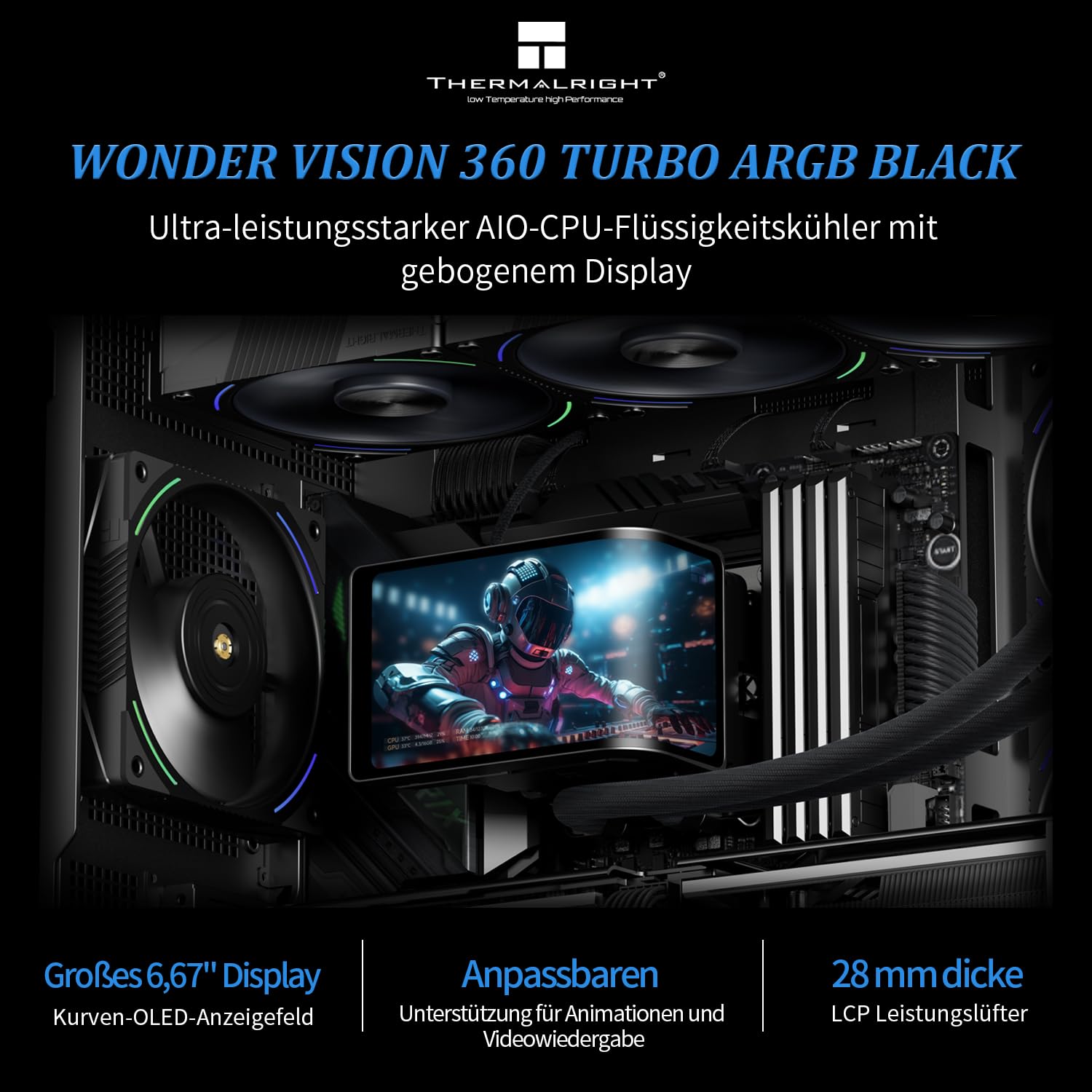 TR-Wonder Vision 360 TURBO ARGB Black AIO CPU Kühlung,CPU Wasserkühler System,6,67in gebogener Bildschirm mit 2400x1080 Auflösung,für AM4/AM5,LGA1851/1700, 7: 3 Bildschirmverhältnis für 3D
