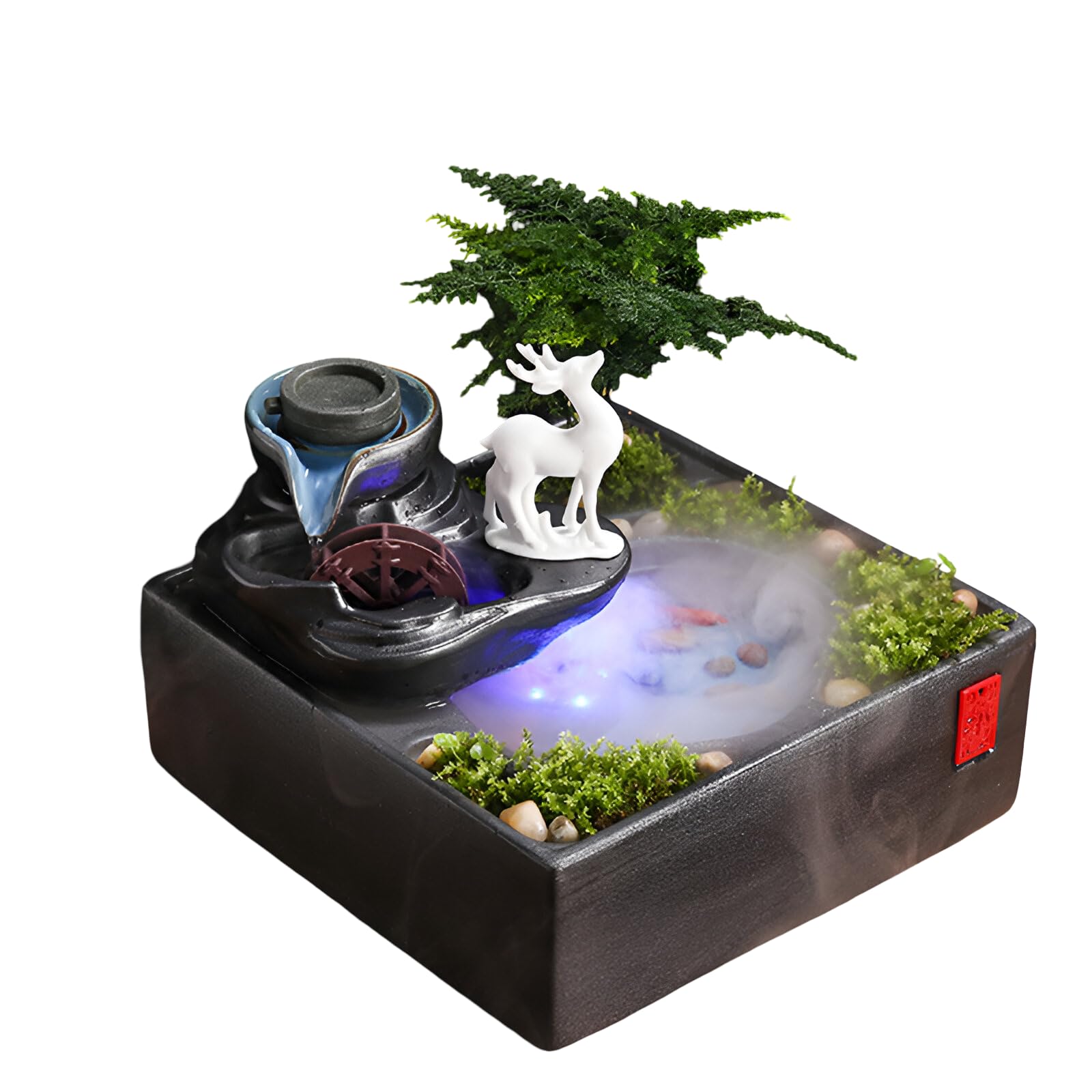 Zen Fontana d'acqua da scrivania con luce LED e nebulizzazione, fontana Feng Shui che scorre per casa, ufficio, meditazione e relax + 10 cristalli naturali gratuiti (stile A + nebulizzazione)