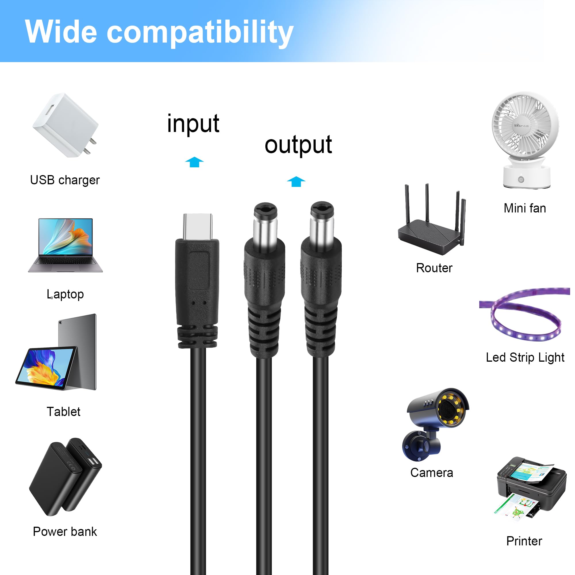 3-Pack USB-C To DC 5.5x2.5mm Power Cables - 3.28ft 5V 3A Charging Cables For CCTV & Electronics