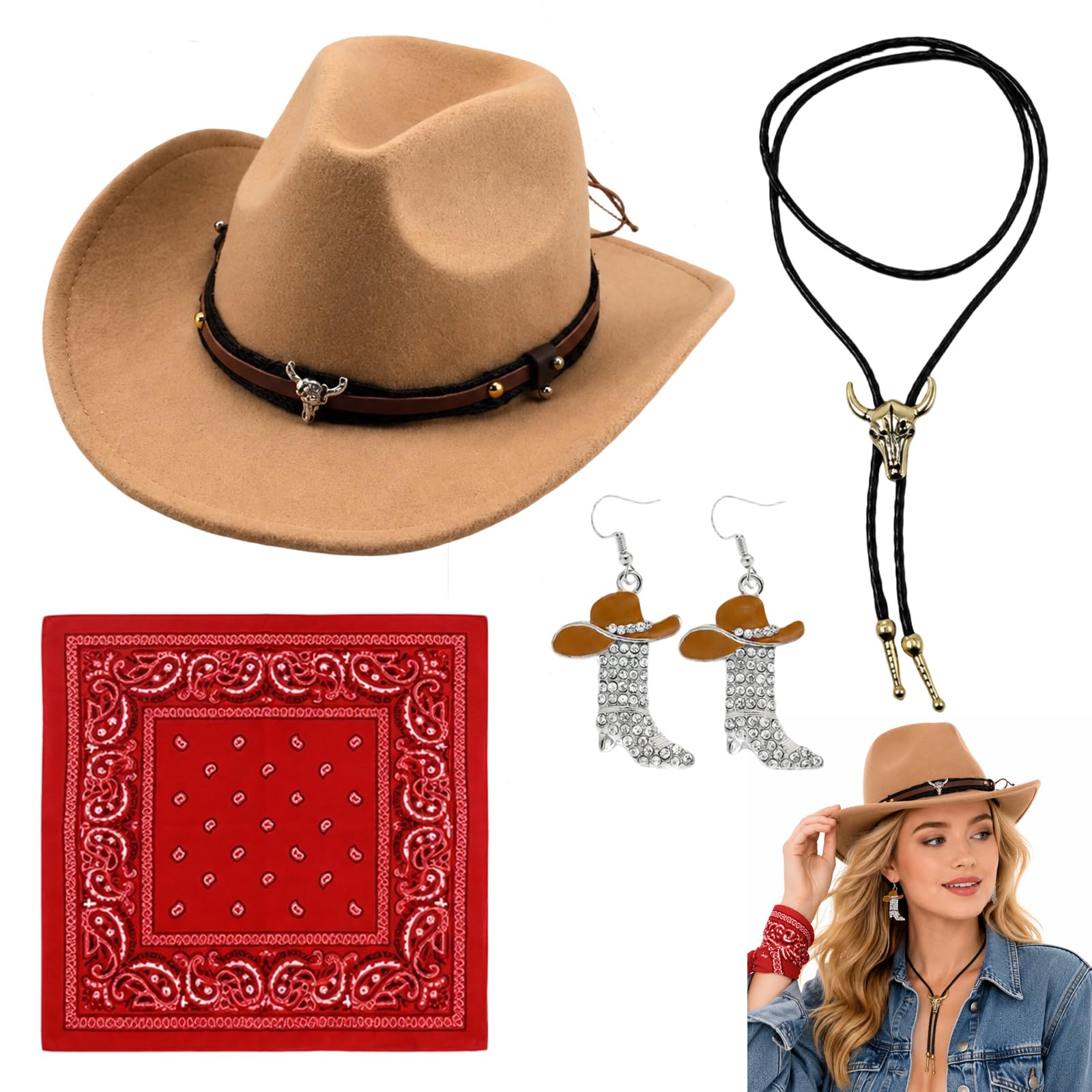 CYCFMYYLY 4-Piece Cowgirl Costume Accessories, Camel Western Cowboy Hat Set with Bandana Necklace and Earrings for Women Fancy Dress Theme Parties and Halloween