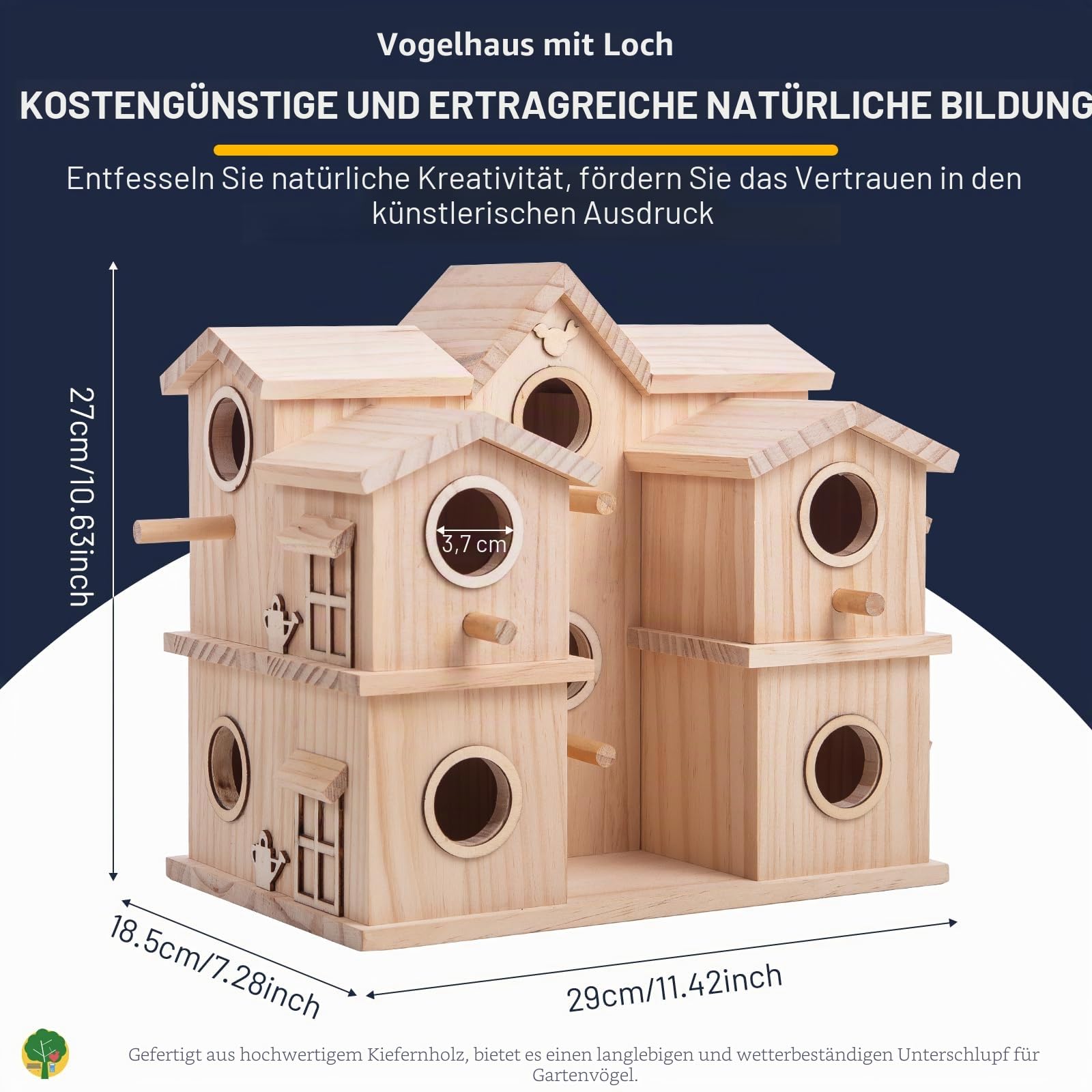 Mehrkammer-Vogelhaus aus Holz, 10 Nistfächer, Kiefer naturbelassen