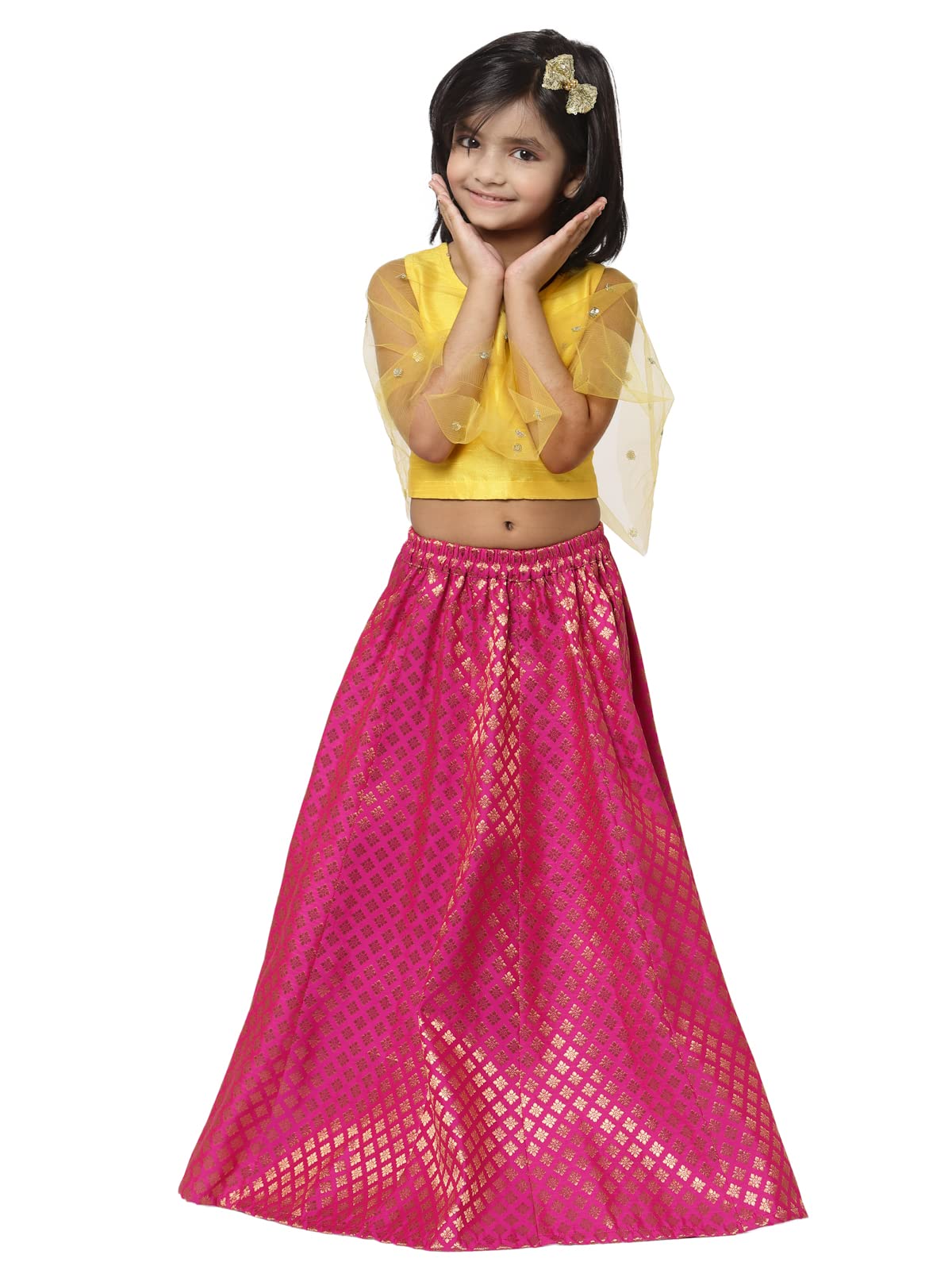 studio rasa Girls Net Sequins Embroidered Kids Cape Top for Festive Wedding (GTC12201/9-10_Yellow) 3