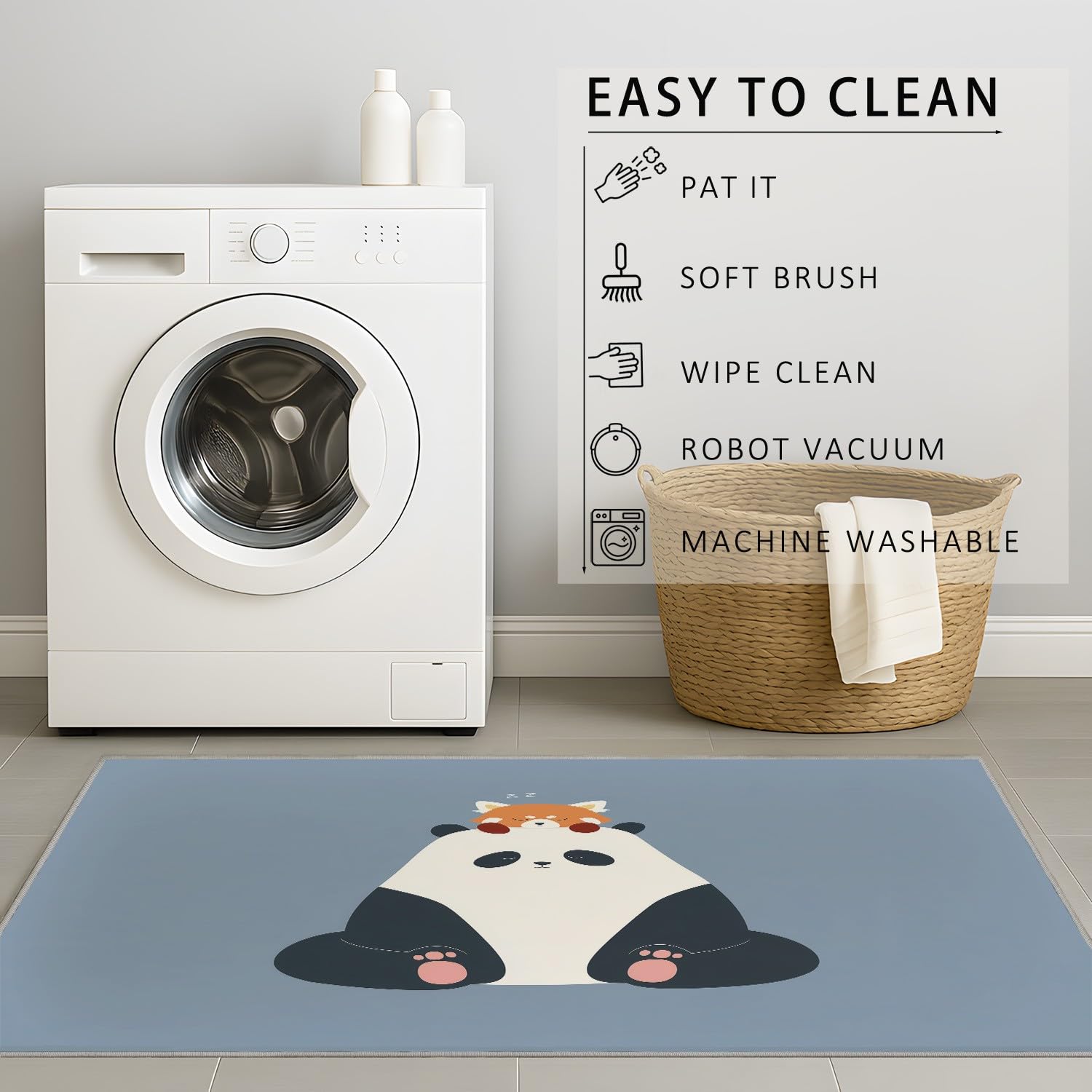 Generisch Tappeto per soggiorno lavabile, a pelo corto, antiscivolo, accogliente con panda e orsacchiotto, per soggiorno, camera da letto, cameretta dei bambini, 80 x 120 cm, blu