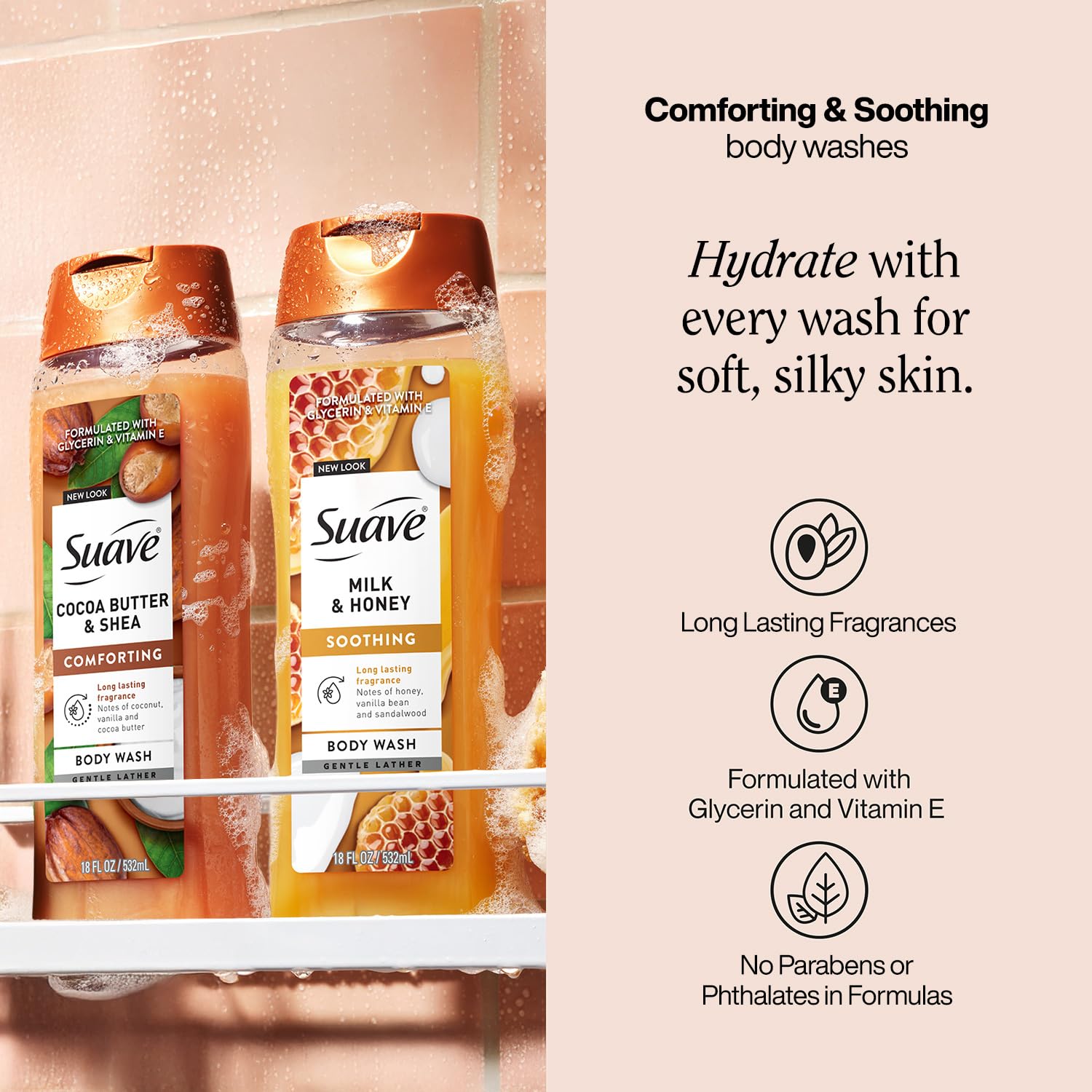 Suave Body Wash Variety 2-Pack, Milk & Honey + Cocoa Butter & Shea – Gentle Body Washes with Sweet Blend Oil Essence, 18 Oz Ea