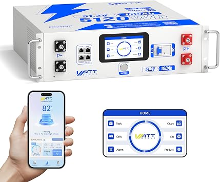 Wattcycle 48V 100Ah LiFePO4 Server Rack Battery, 5120Wh 3U Rack Mount Lithium Battery with 100A BMS, LCD Touchscreen & Bluetooth Monitoring, 6000+ Cycles for Solar, RV, Off-Grid, Home Backup, UPS