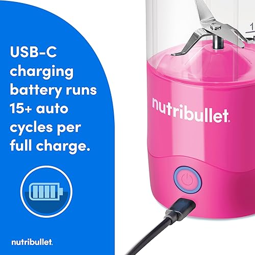Miniatura 3 de nutribullet Licuadora portátil, inalámbrica, recipiente de 20 onzas, licuadora personal, USB-C recargable, rosa brillante, NBPB50100BP