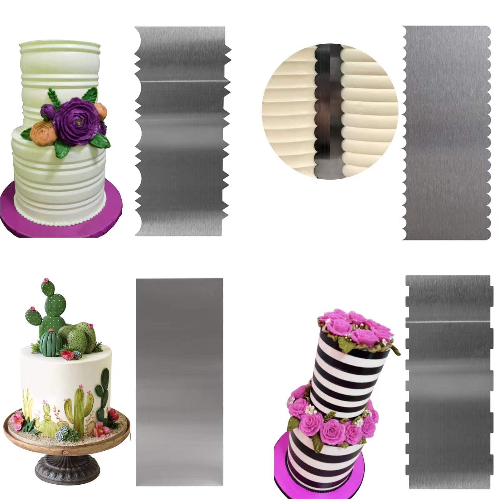 Rascador de tartas de acero inoxidable, espátula grande de 22,8 cm, contorno de doble cara con patrón de borde, herramienta de repostería en 6 patrones para diferentes formas de bordes de pastel de