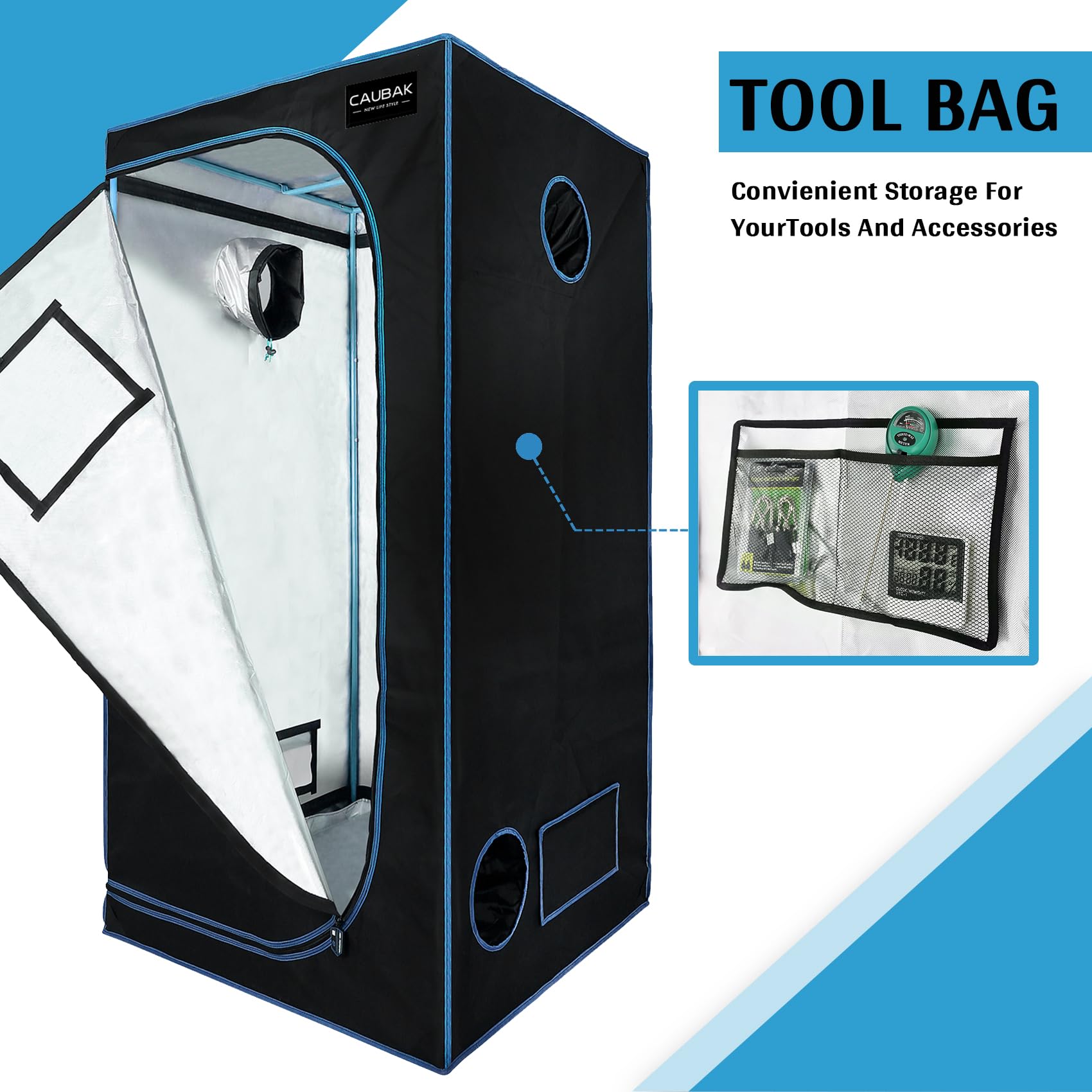 caubak grow tent Hydroponic Mylar Water-Resister Reflective Garden Growing Dark Room with Observation Window, Removable Floor Tray and Tool Bag for Indoor Plant Growing (35
