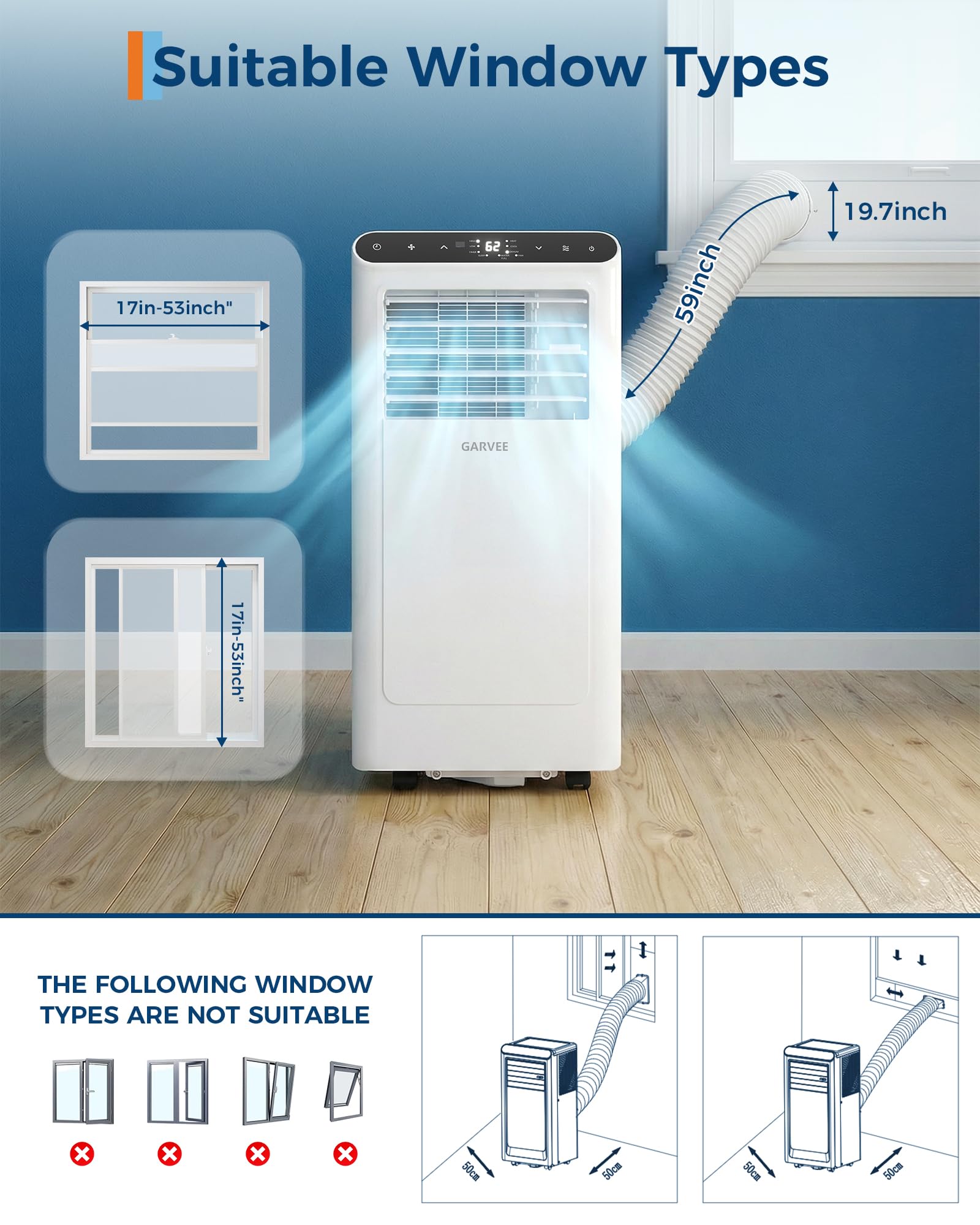 Garvee 8000 BTU Aire acondicionado portátil, hasta 350 pies cuadrados Mando a distancia 48dB unidad de CA portátil, deshumidificador, ventilador, sueño, temporizador de 24 horas y kit de instalación