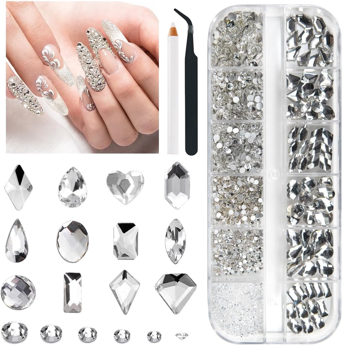 1300 pieces crystal white glitter stones, rhinestones, nails, 60 12 types, large glitter stones + 1240 6 sizes, K9 glass, round nail beads, rhinestones, nail art, nail design, nail charms