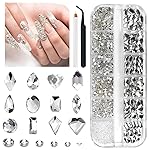 qiipii 2052 Crystal White Nail Art Rhinestones Silver Clear Nail Charms 72 Multi Shapes Flatback Stones Big Gems +1980 Round Beads K9 Glass Diamonds Crystals Jewels for Nails Face Eyes Makeup Crafts