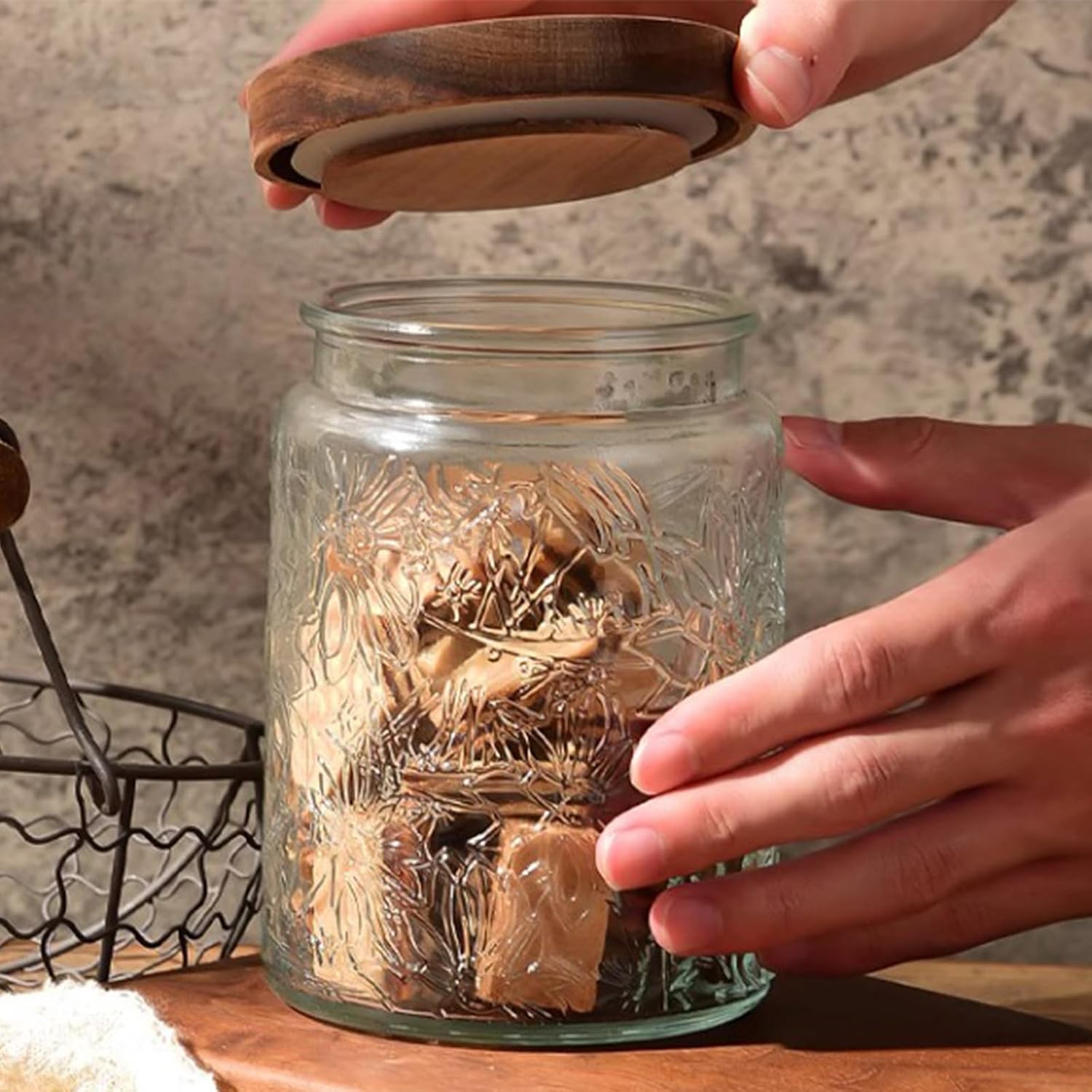 Vintage Glass Jars with Wooden Lids, 24 oz Airtight Glass Food Storage Containers Sets for the Kitchen, Sugar Coffee Tea Cookie Candy Spice Pasta - Image 5