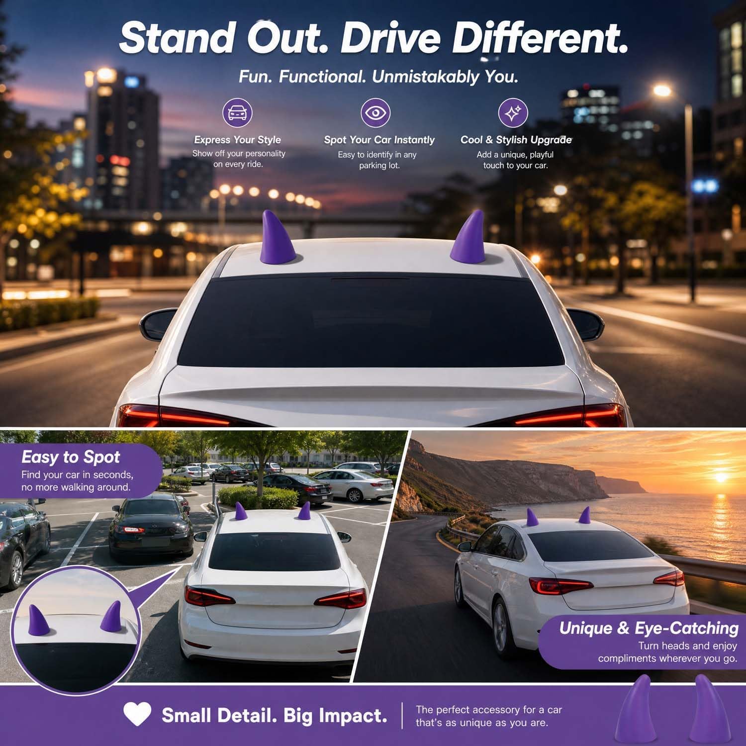 1 Pair Car Roof Decals Devil's Horns 3D Cool Bull Horns Anti-Collision Protector for Halloween Car Roof Decor Purple