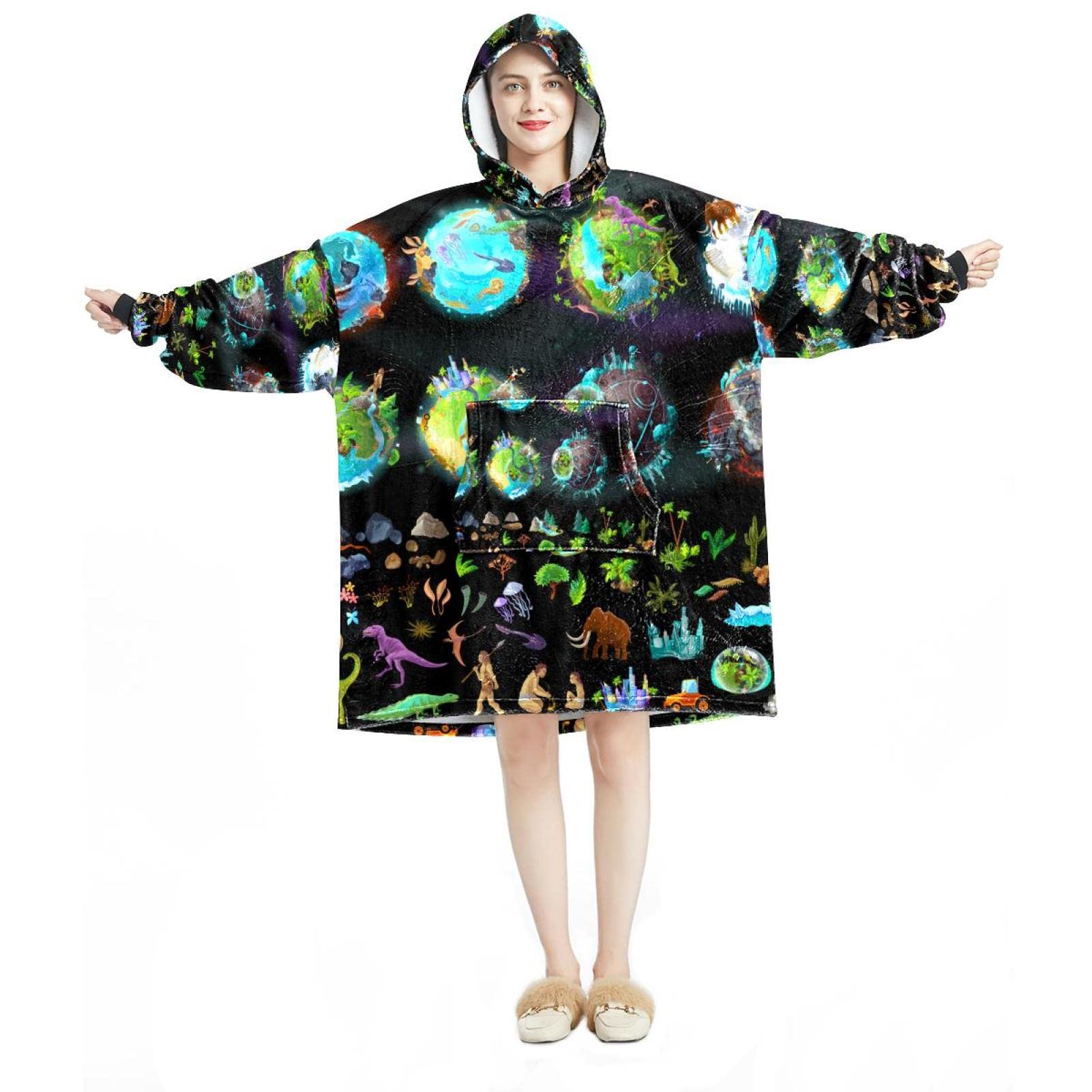 Etapas-Evolucion-Tierra-Creacion-Dibujos-Animados-Varios-Iconos-Colores-Plantas-Animales Coperta Indossabile Felpa con Cappuccio Oversize, Multicolore, taglia unica