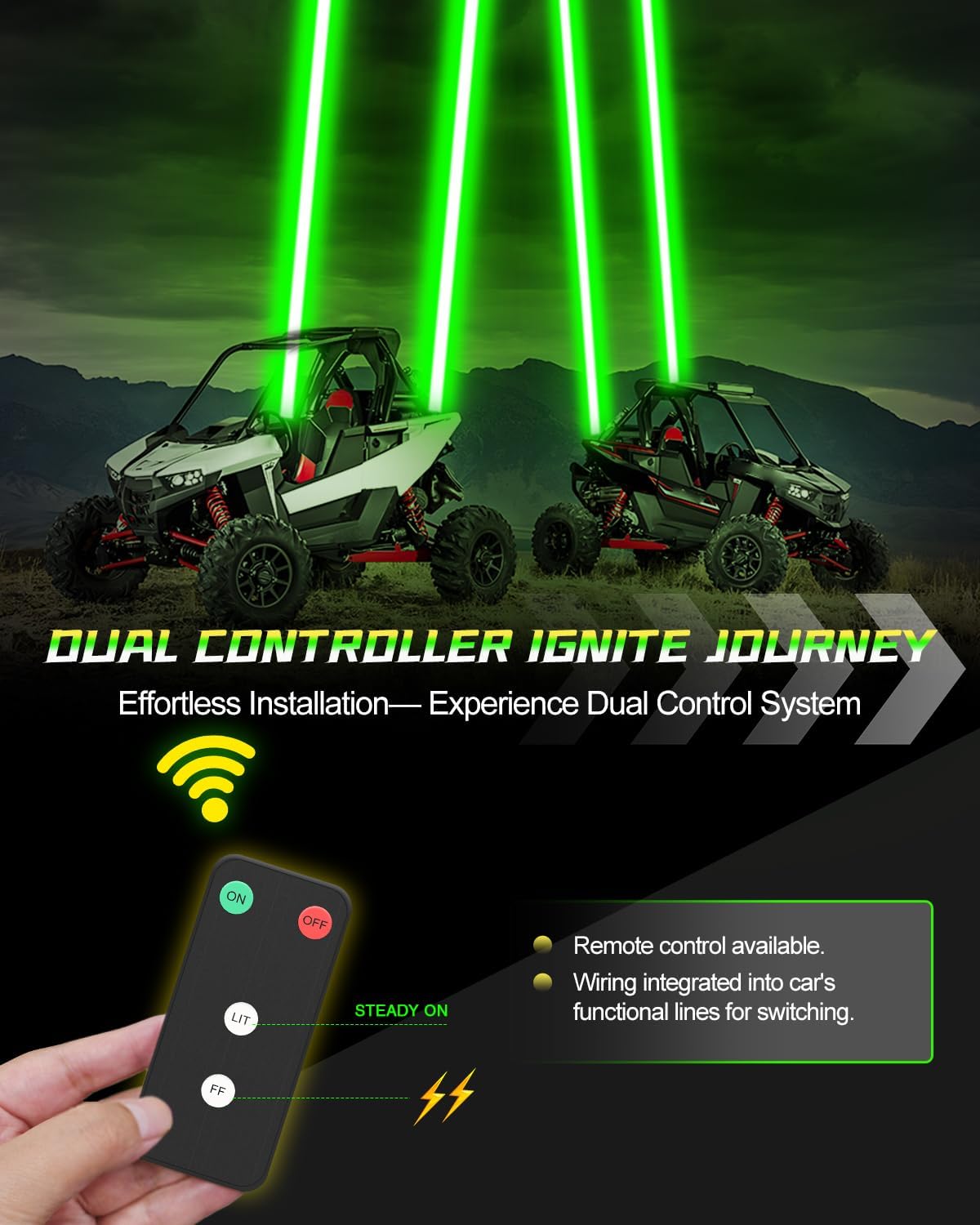 CO LIGHT Whipless LED Whip Lights for UTV/ATV/SXS 2PCS Green Spot Beam Pods with Remote Controller Off Road Chase Lights Compatible with RZR Can-Am Maverick X3 Dune Buggy Golf Cart Truck etc