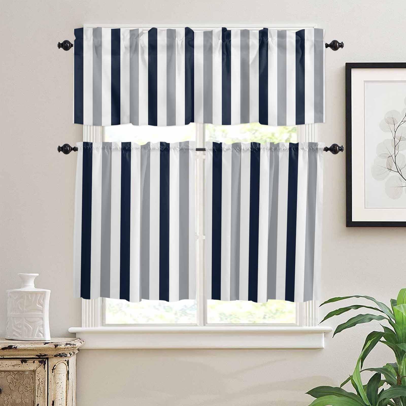 Navy Blue Gray Striped Kitchen Curtains 36 Inch Length, 3 Piece Rod Pocket Small Half Tiers and Valance Set, Farmhouse Stripe Art Small Large Window Treatment Decor for Bedroom/Bathroom Sink