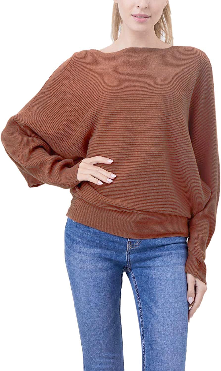 Cegerne Damen Pullover Fledermausärmel Oberteil Elegant Oversize Pulli Langarm Sweatshirt Strickpullover Batwing Knitted Sweater, Karamell