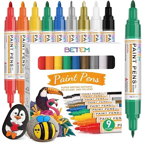 Betem 9 Colors Dual Tip Oil Based Paint Markers Acrylic Paint Pens(0.7mm & 3mm),Permanent,Waterproof,Quick Dry,for Rock Painting,Wood,Plastic,Metal,Canvas,Glass,DIY Crafts,Art Supplies