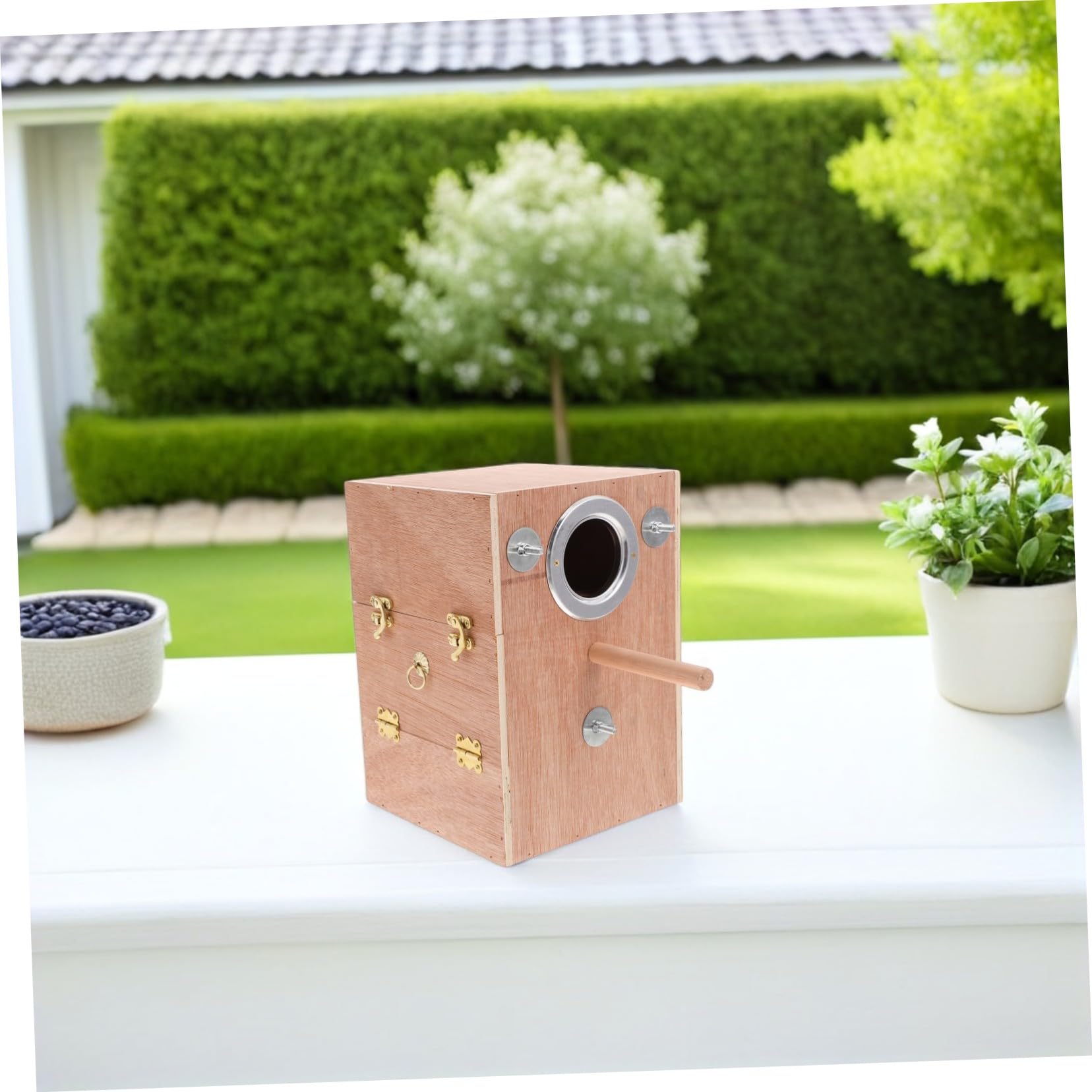 Caja Nido para Periquitos de Madera con Soporte Perchero Colgante Exterior Diseño Seguro y Cómodo Fácil Instalación y Limpieza Compatible con Agapornis Cacatúas y Pinzones
