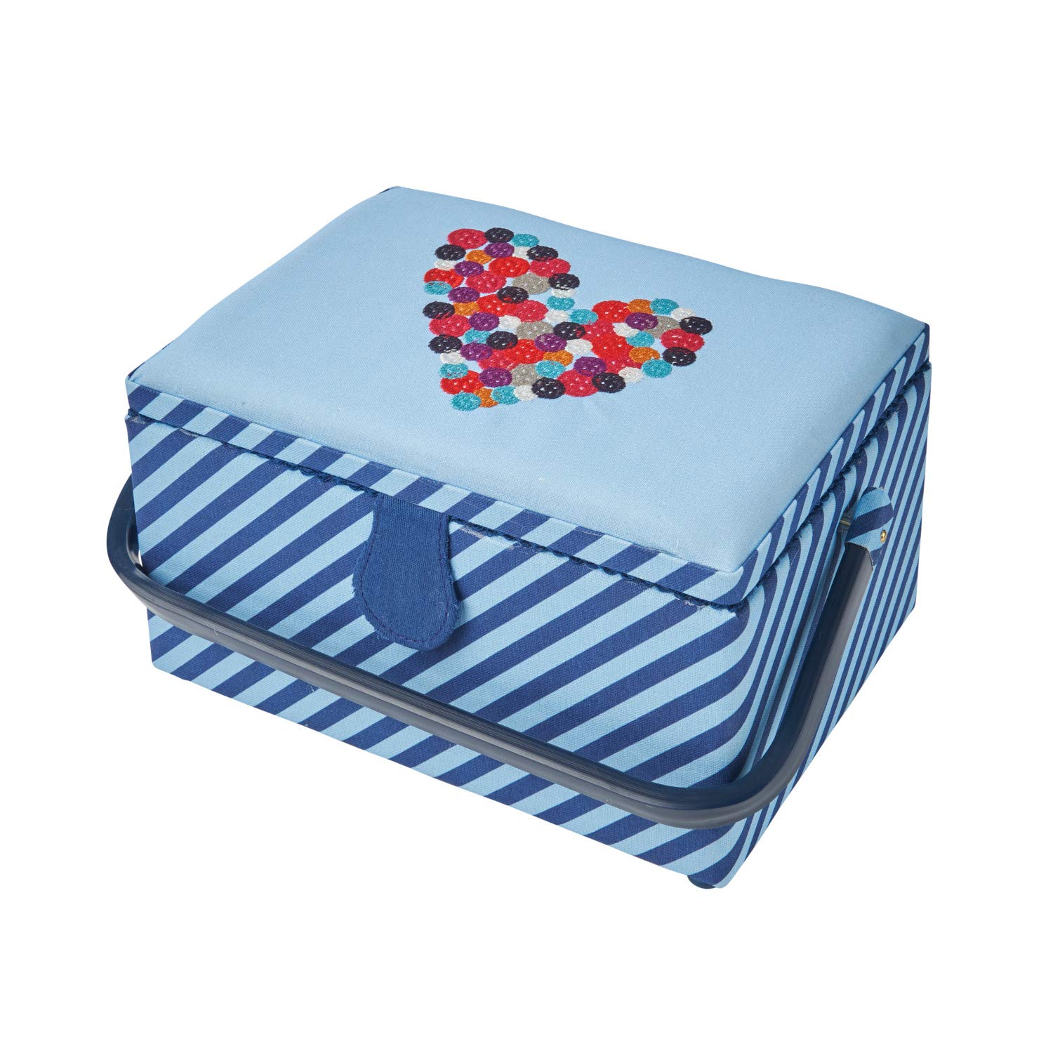 Scatola da cucito media con scomparti in tessuto a righe blu con coperchio a cuore con bottone ricamato. 18,5x26x15 cm. Cucito in linea GA1112M