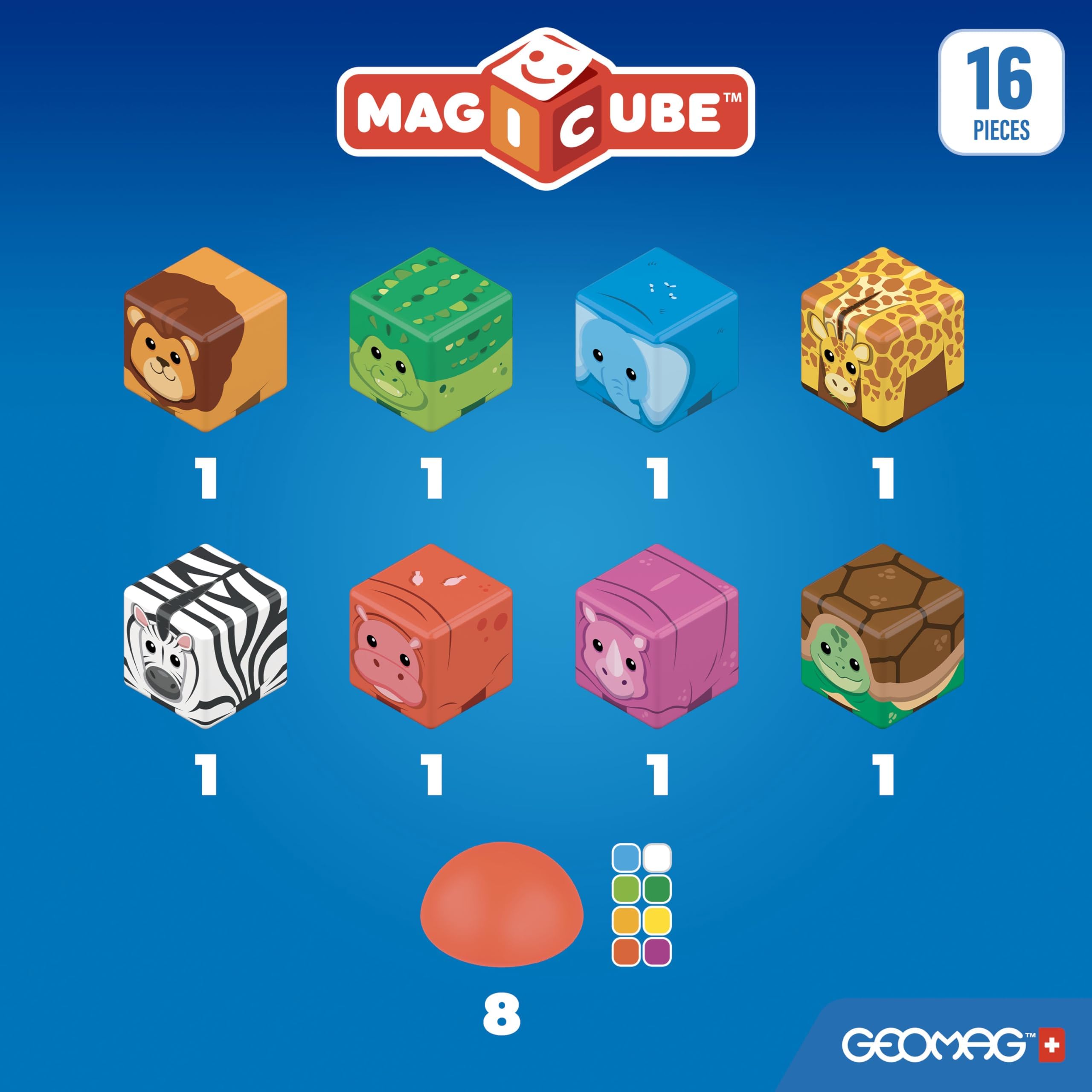 GEOMAG - Magicube Stacking 8 Jungle | Magnetyczne kostki budowlane | Zestaw bloków z postaciami dżungli | Magnetyczny system łączenia | Pierwsze konstrukcje geometryczne