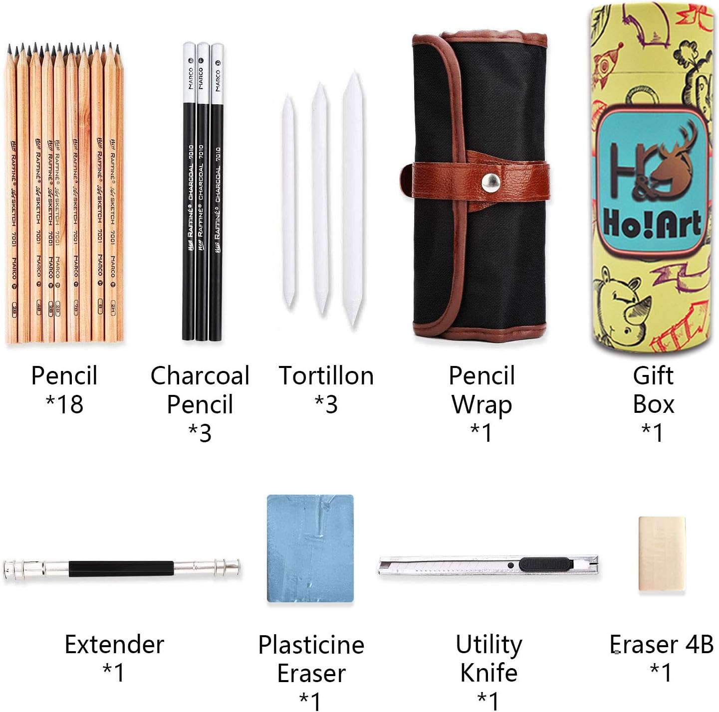 Sketching Pencil Set, Ho! Art 30pcs Sketch Drawing Kit, Graphite Pencils, Charcoal Pencils, Paper Erasable Pen, Erasers, Craft Canvas Bag Perfect Present for Children Teens Adults Artist Beginners : Arts, Crafts & Sewing