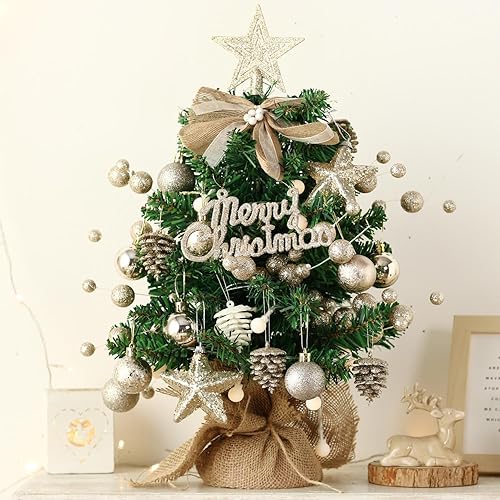 SVNVIOZ Mini árbol de Navidad artificial con luces y adornos, color champán de 20 pulgadas, pequeño árbol de Navidad de mesa para decoración de