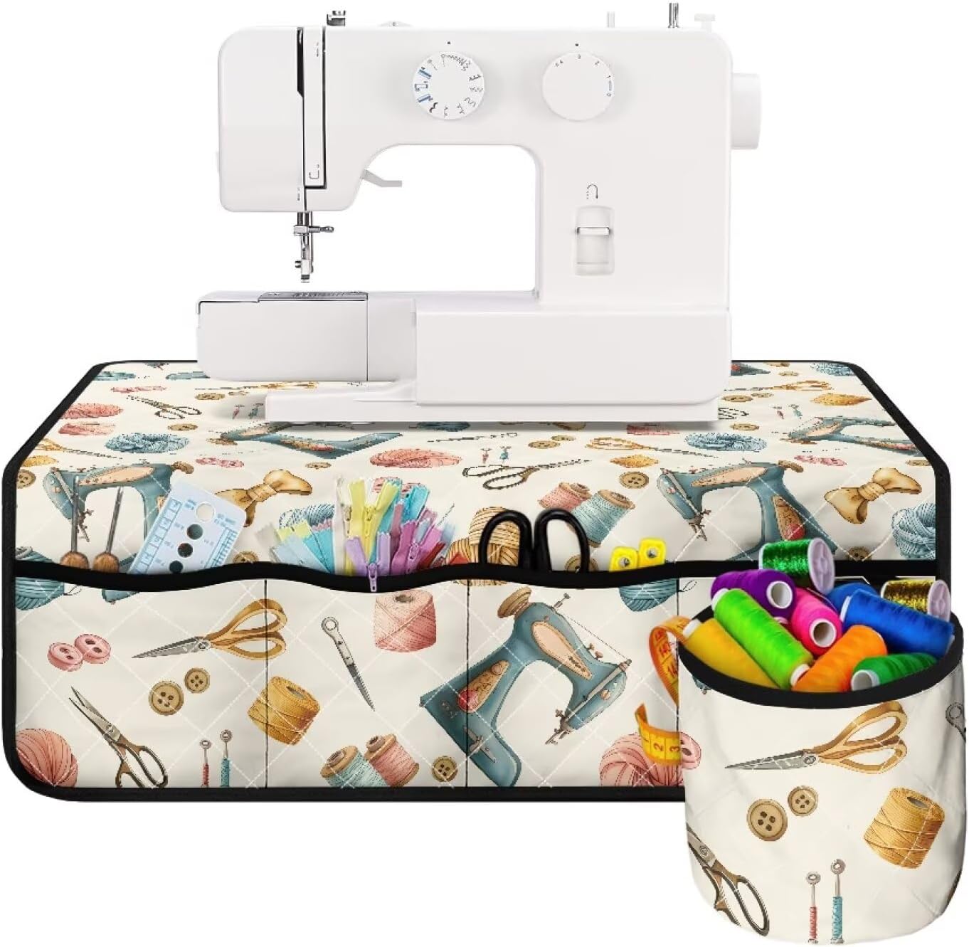 Vintage Sewing Elements Print Sewing Machine Mat with Small Pockets Thread Holder Pad Organizer for Sewing Machine Accessories Stitching Device Carrying Pad