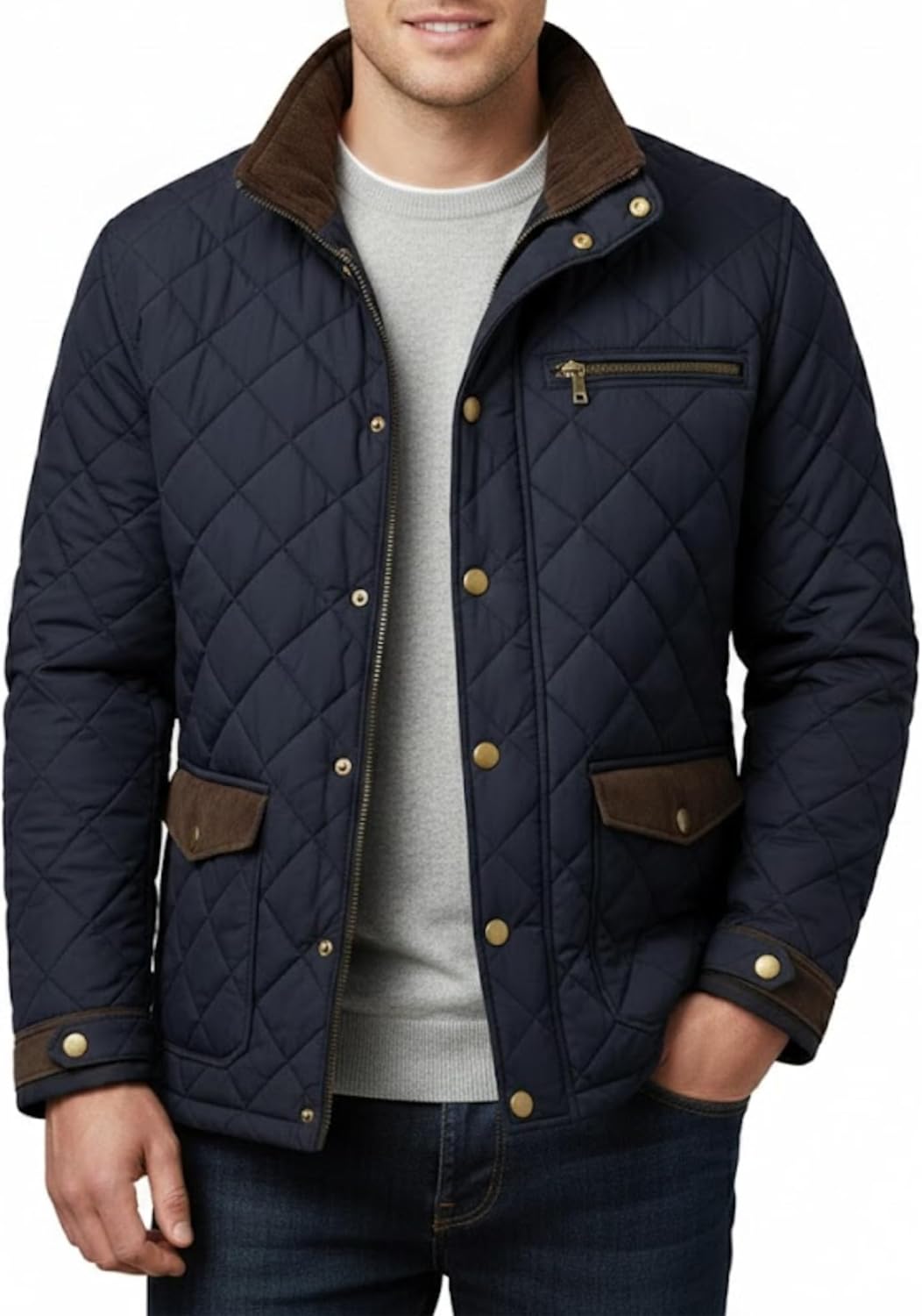 SBL SOUTH BEACH LEATHER Men's Navy Blue Quilted Jacket - Classic Diamond Stitch Cotton Padded Coat with Corduroy Trim
