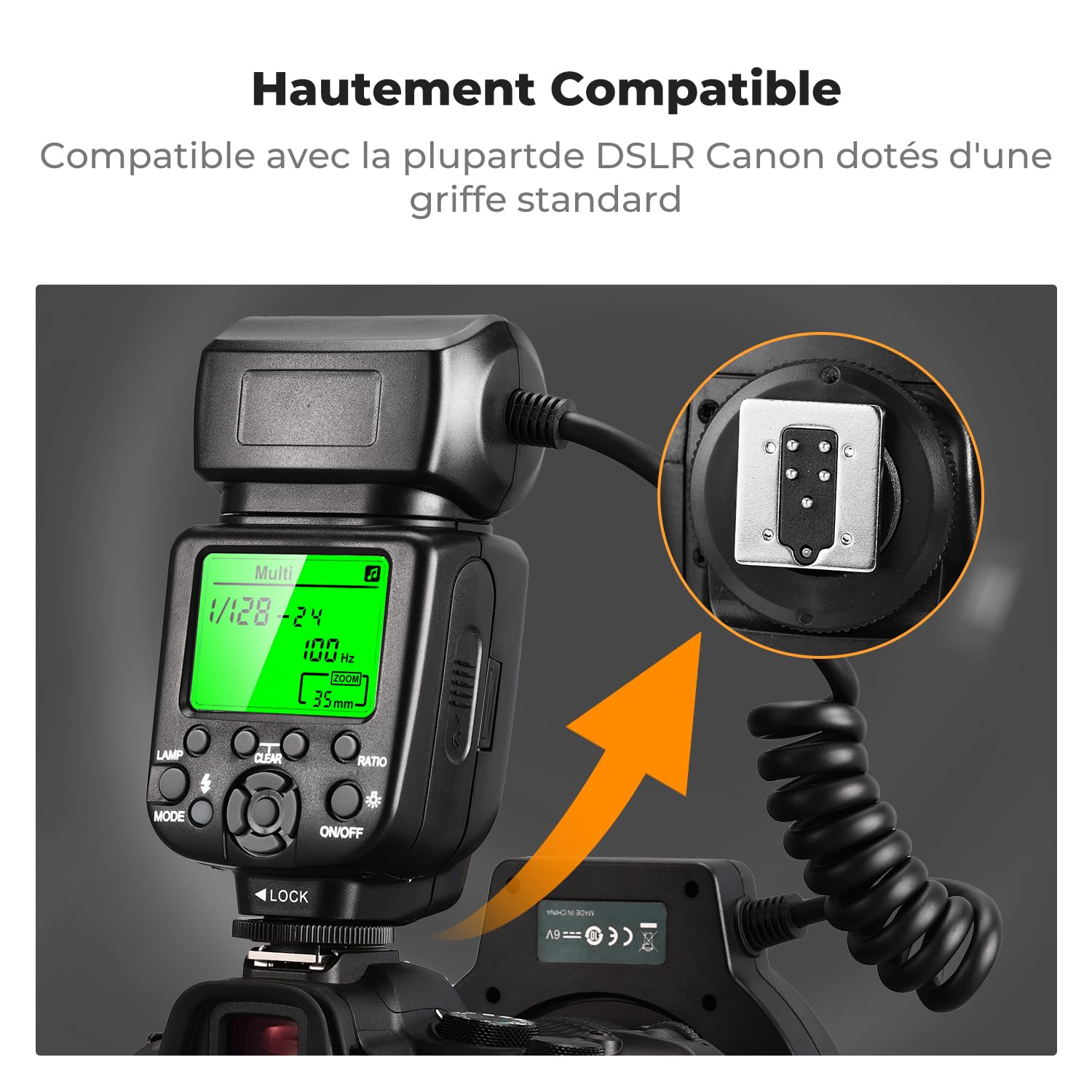 K&F CONCEPT Flash Annulaire TTL Macro pour Canon DSLR | Nombre guide 14, lumière assistance AF, bagues adaptation, photographie macro, GN14, LF01