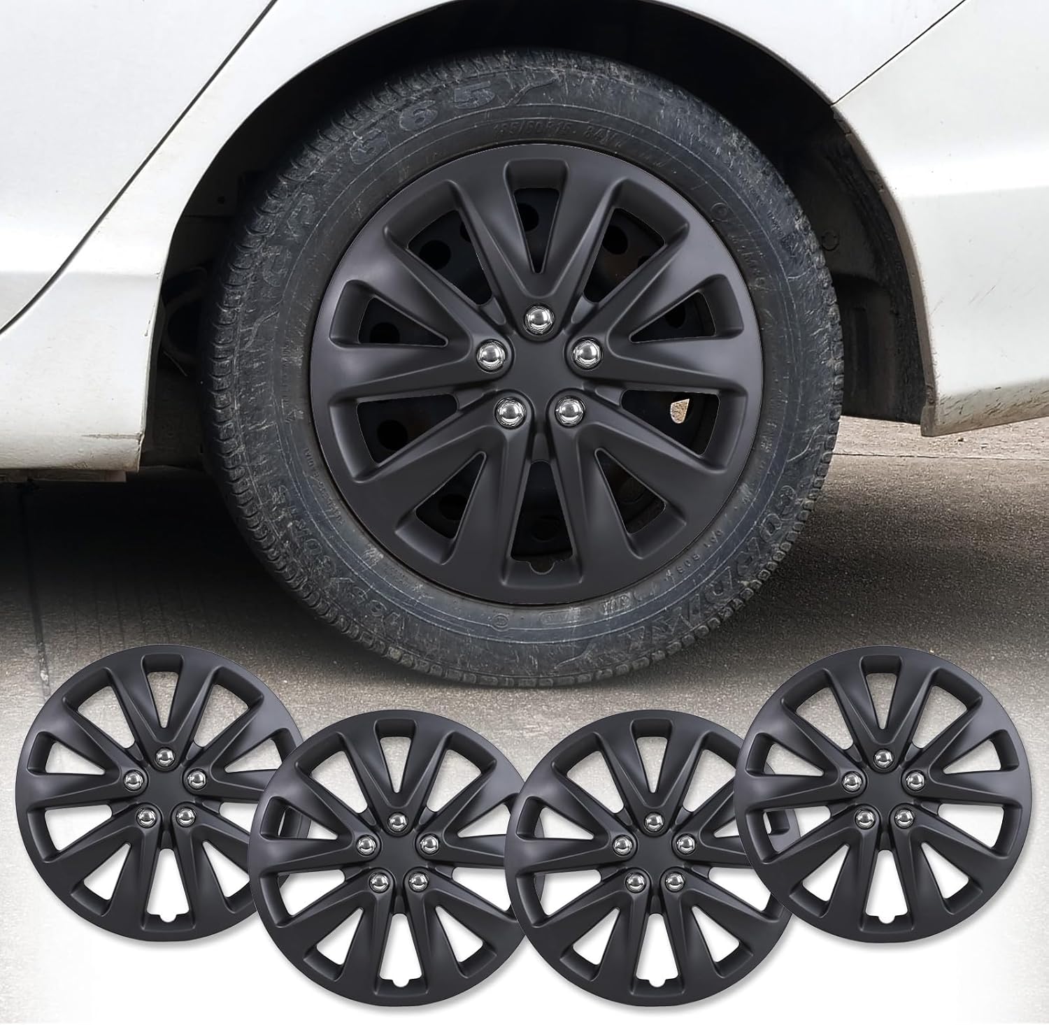 16" Premium Universal Wheel Rim Covers – Set of 4 Black Matte Hubcaps,ABS&PC Material Hub Protection Accessory,Snap-on Replacement Caps for Car,Pickup Truck,SUV - 16 Inch Black Matte